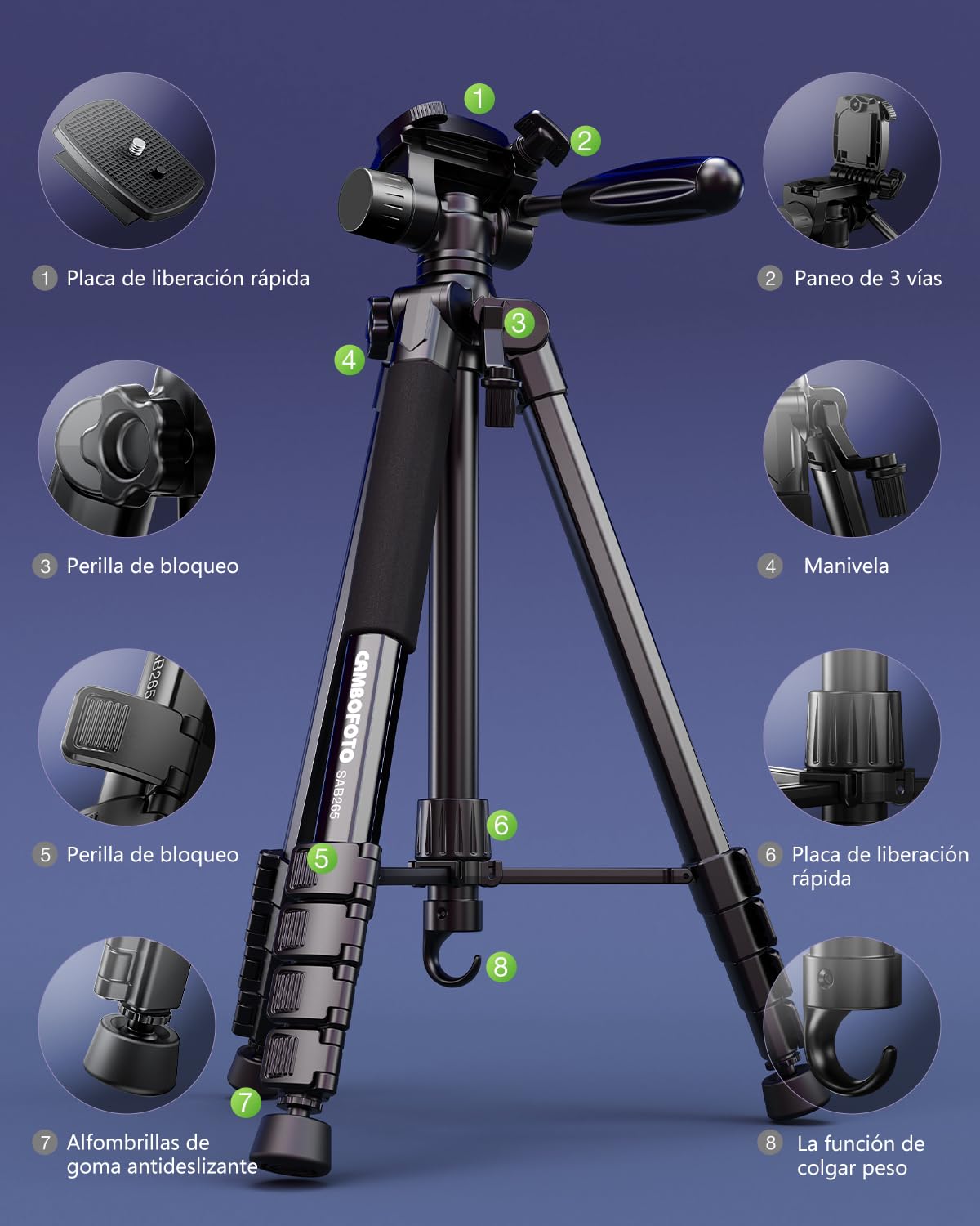 CAMBOFOTO Cámaras Trípode Profesional de 188 cmpara Cámaras DSLR, Smartphones y Dispositivos con Montaje Universal 1/4" - Cabezal Panorámico de 3 Vías, Ligero y Compacto (Negro)