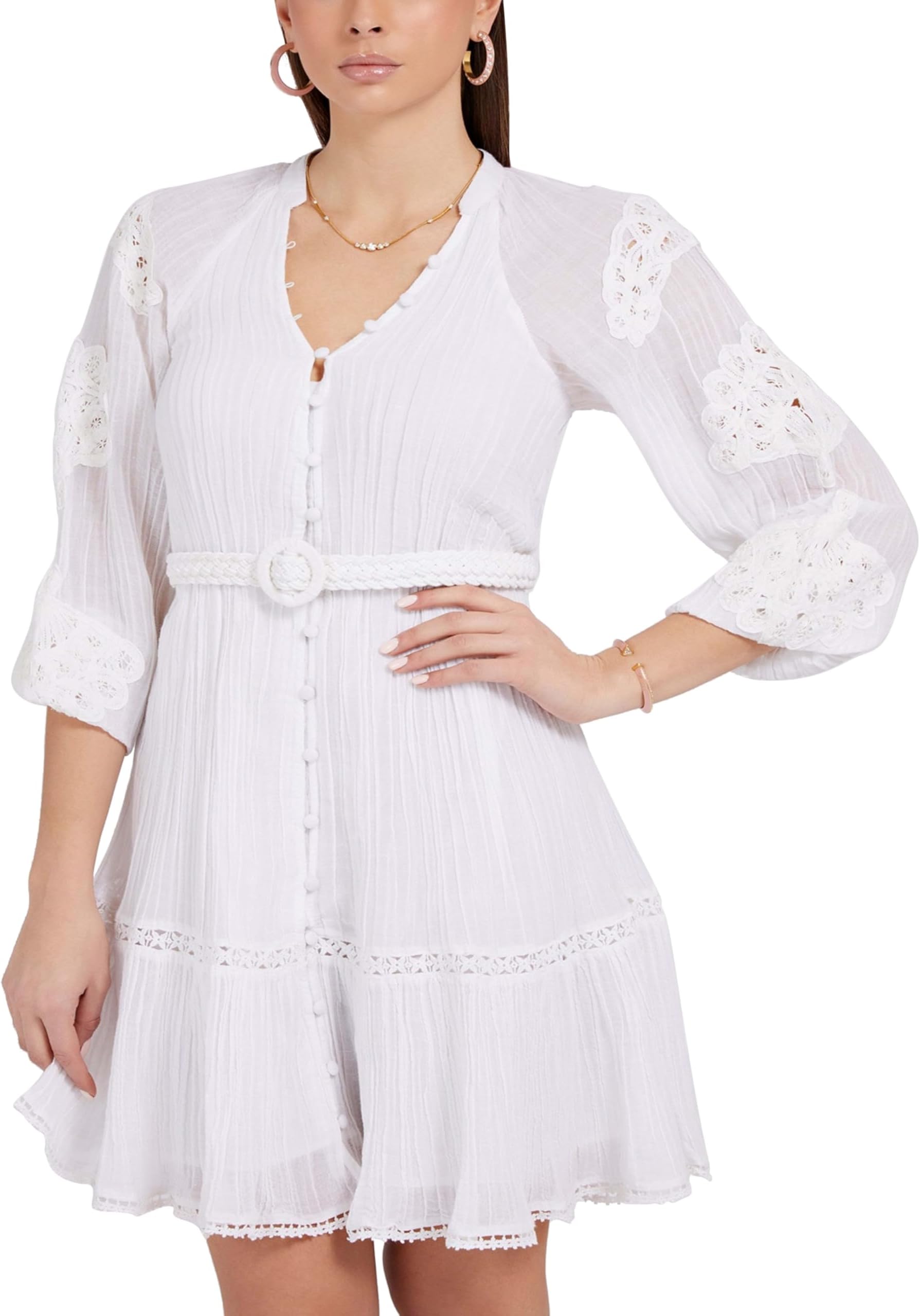 Women's Arita Belted Crochet-Detail Shirtdress Pure White M