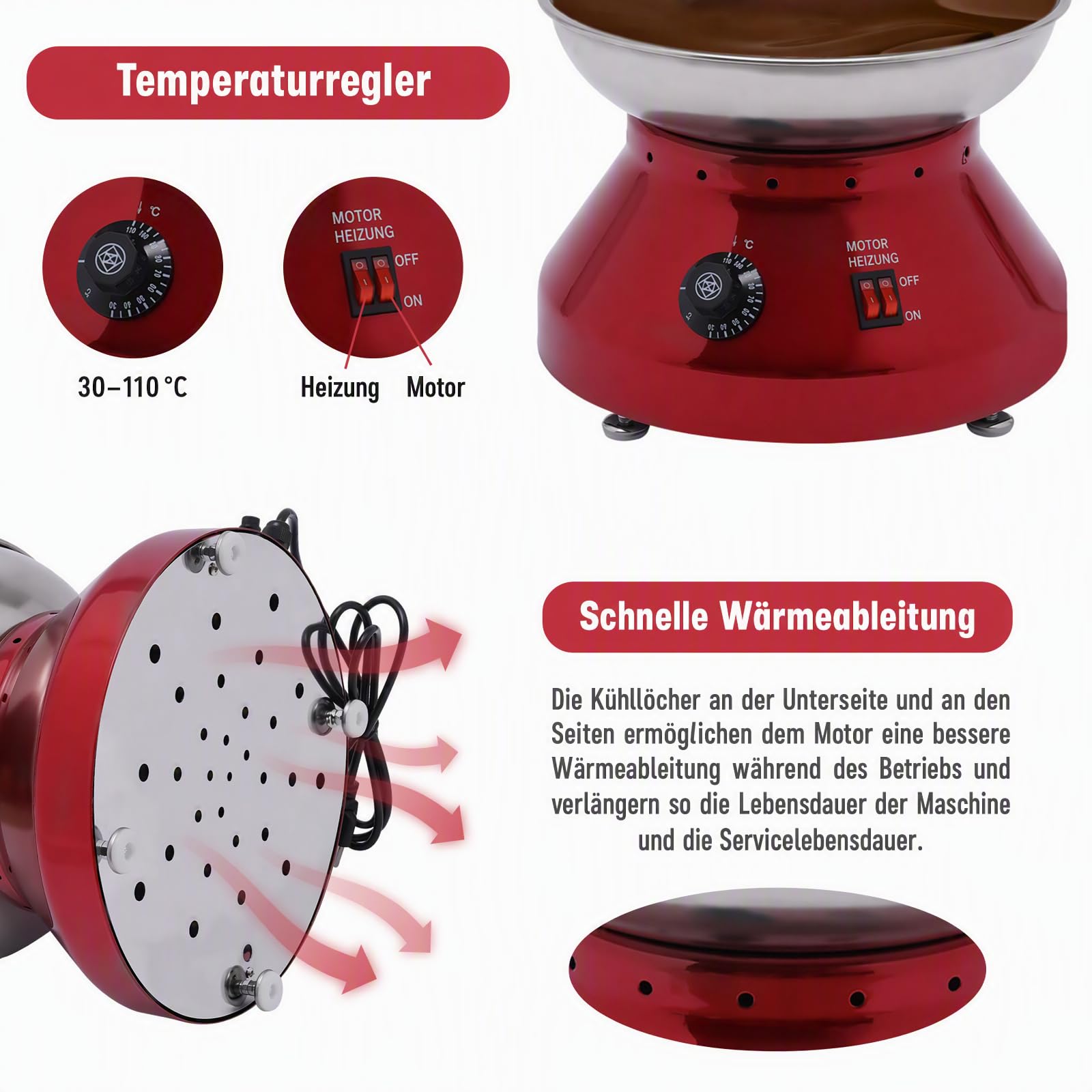 Schokoladenbrunnen, 230W 5 Etagen Schokoladen-Brunnen Maschine, 3L Schokoladenfondue mit einstellbarer Temperatur, Schokofondue aus Edelstah, 86-230F, Warme flüssige Schokoladenfontäne (5 Brunnen Rot)
