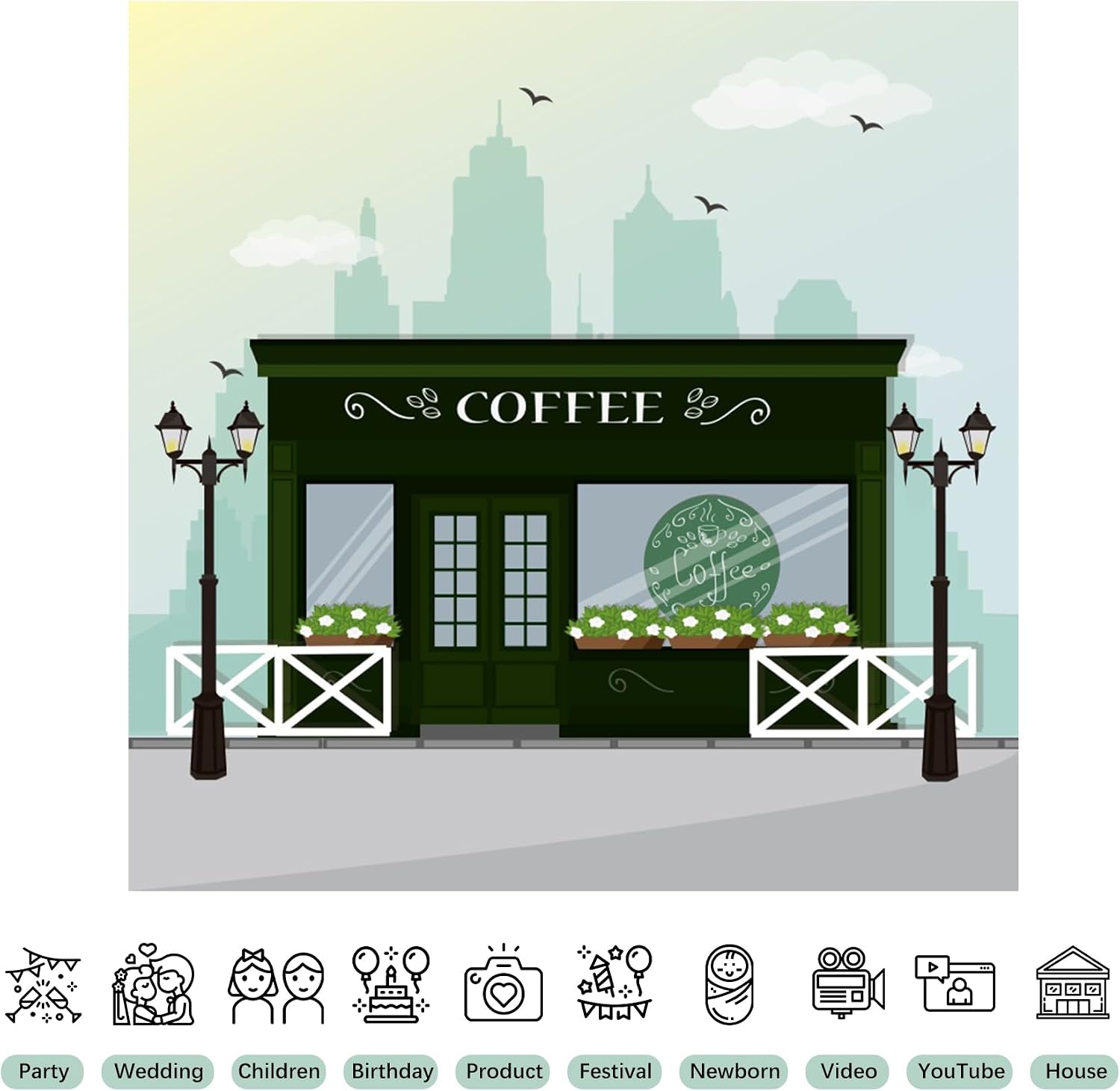 5x5ft Coffee Shop Backdrop Starbucks Party Decor Green Coffee Wallpaper image 5