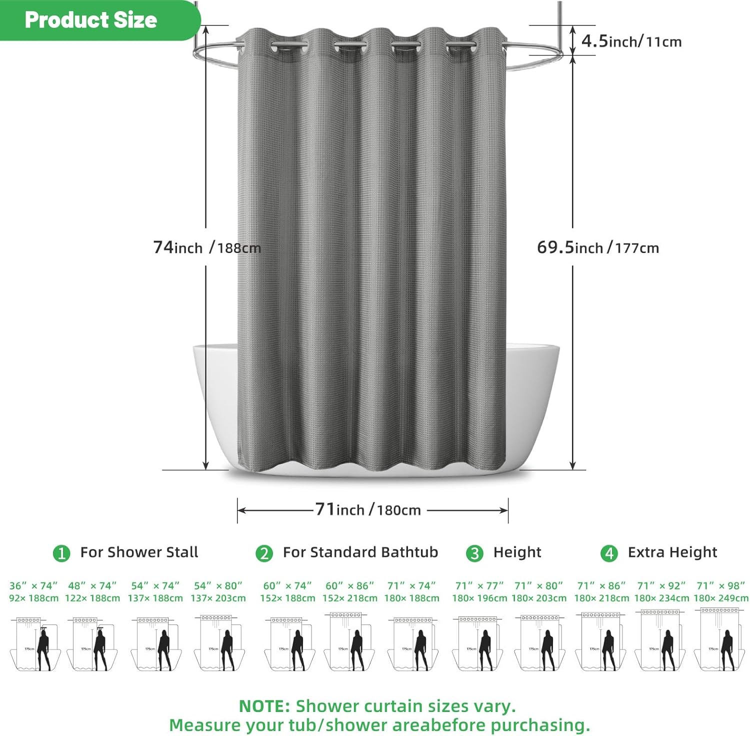 eachope No Hooks/Liner Needed - Waterproof 3-in-1 Hotel Waffle Weave Shower Curtain, Machine Washable, Magnetically Weighted Hem, 71"x74" Grey for Bathroom