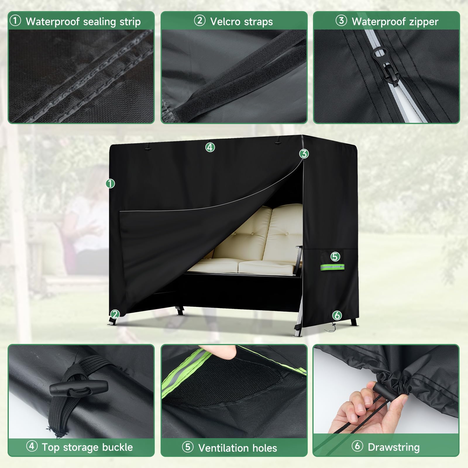 NEVERLAND Housse Balancelle 3 Places - Imperméable 600D Oxford Housse de Protection pour Balancelle de Jardin avec Fermeture Éclair, Anti-UV, Coupe-Vent, 220x150x150cm, Noir