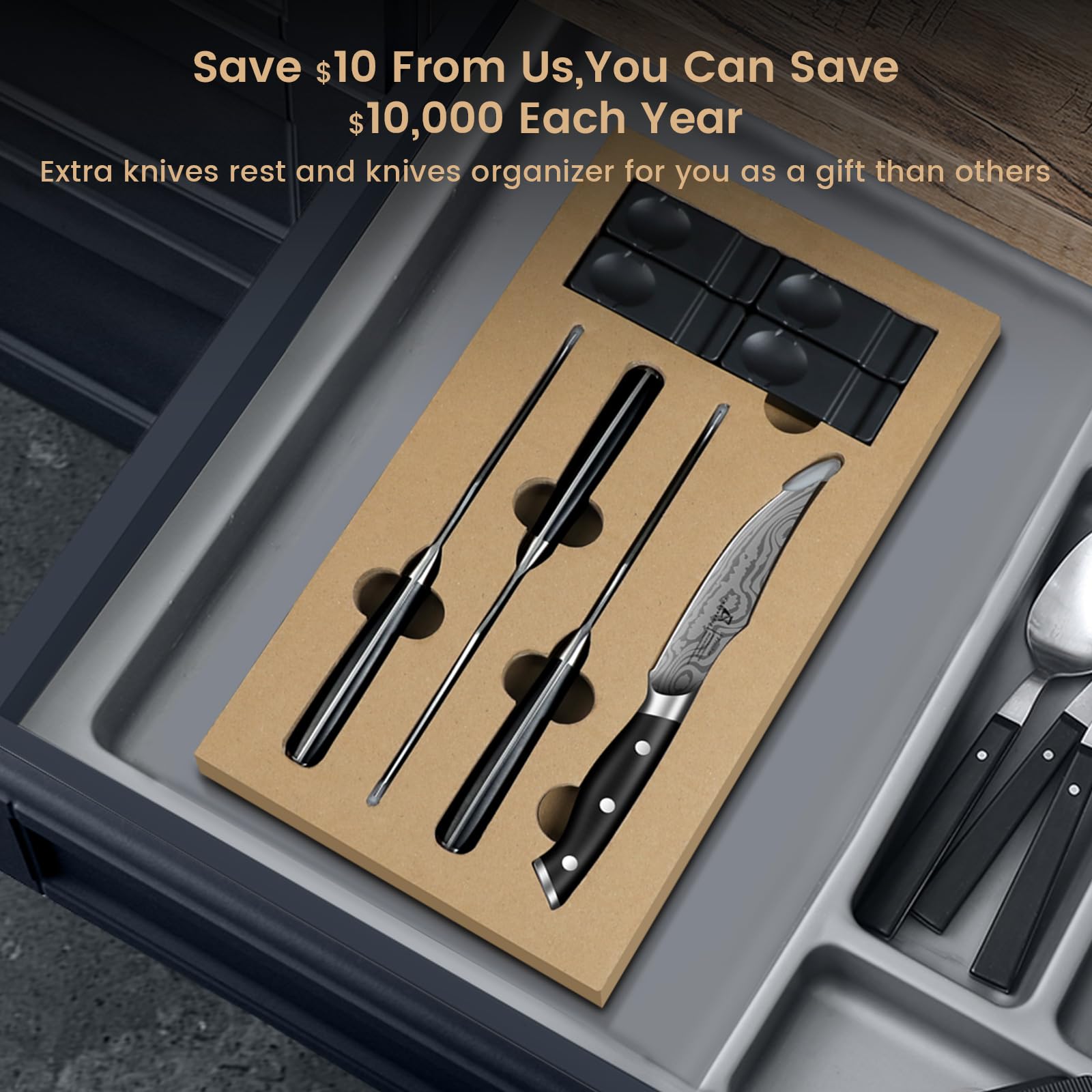 CoquusAid Steakmesser Set 4-teilig, 12,2cm Fein Geschliffen und Uperscharf Besteck Set mit Hochwertiger & Ergonomischer Griff aus Deutschem Edelstahl, Elegantes Schwarz Steak Messer als Geschenk