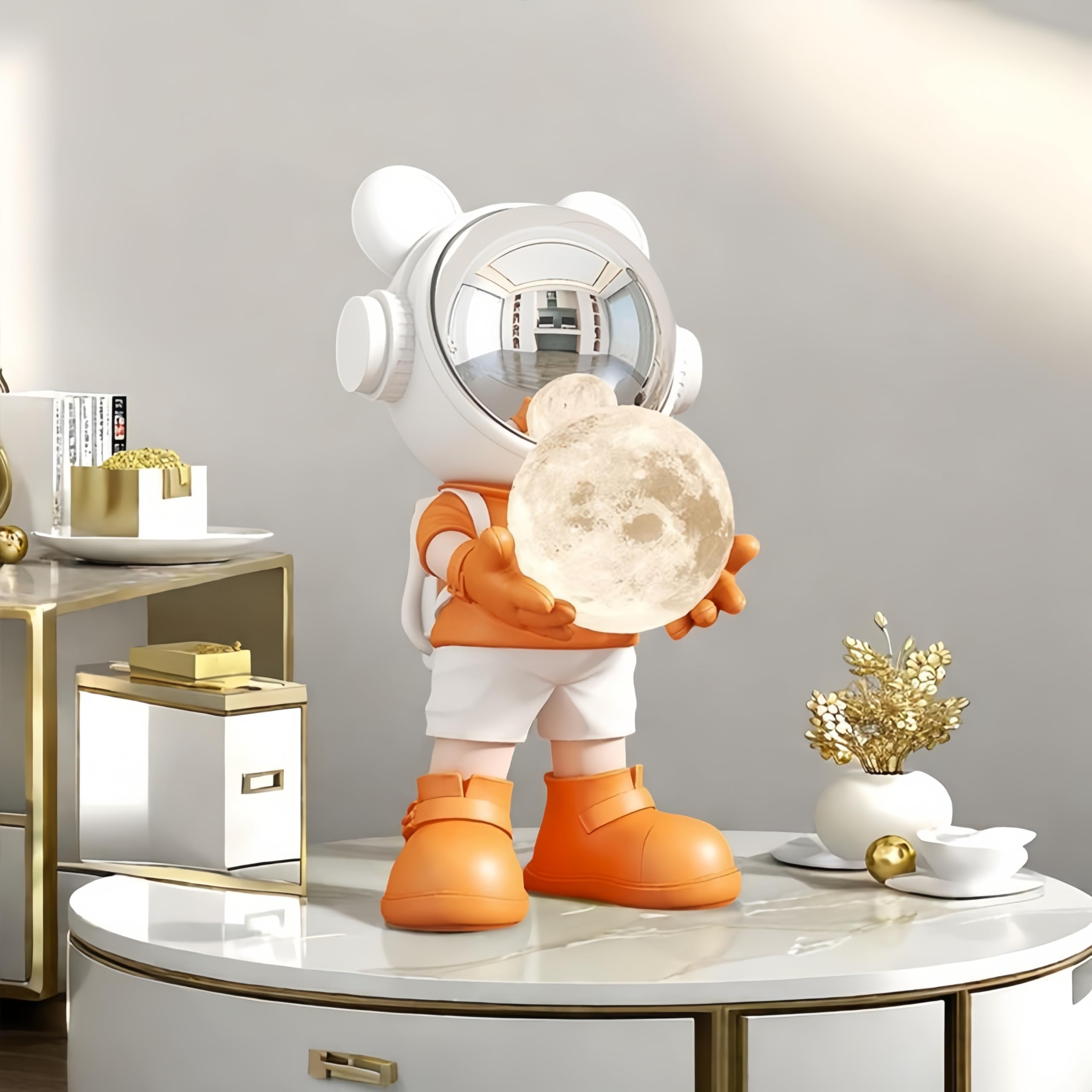 Estatua de astronauta de resina, escultura espacial, decoración temática espacial, perfecta para salas de estar, dormitorios y otros espacios (naranja A)
