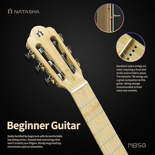 Miniatura 5 de Natasha Bamboo - Guitarra silenciosa inteligente para principiantes, cuerda de nailon, guitarra clásica silenciosa con marcos extraíbles, receptor