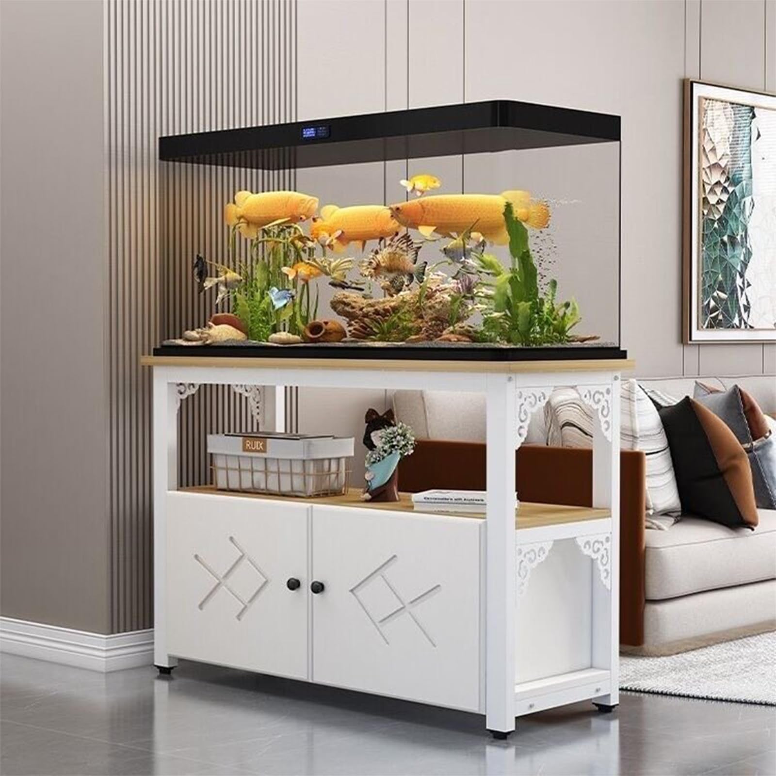STARHMLUX 20 Gallon Fish Tank Stand, Reptile Turtle Tank Stand for Home Office, Aquarium Stand with Cabinet for Fish Tank Accessories Storage, 1000LBS White Frame + Walnut 60x50x70cm