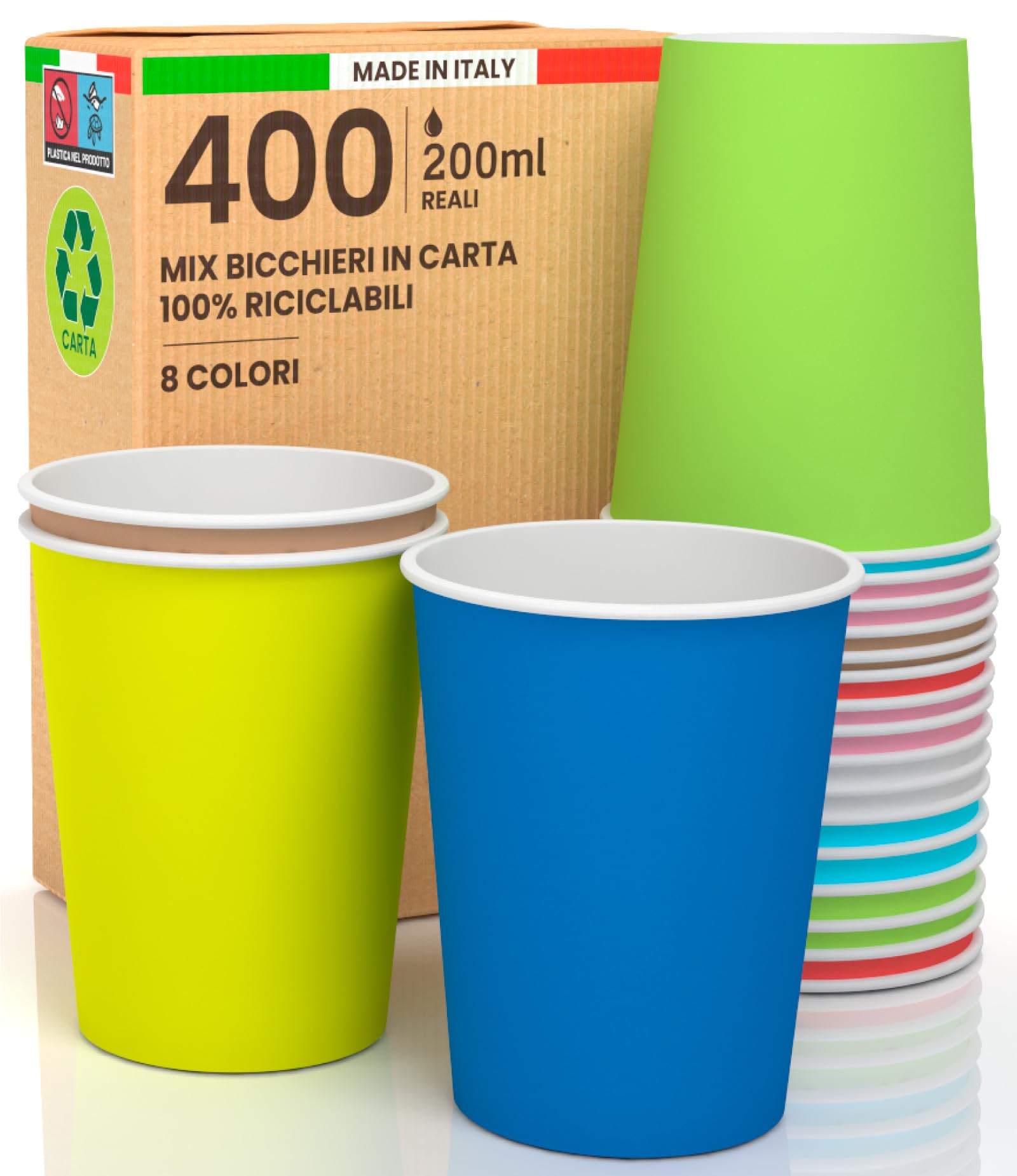400 Pappbecher, 200 ml, MegaMix, bunt, umweltfreundlich, biologisch abbaubar, Einwegbecher, hergestellt in Italien, für heiße Getränke – Blau, Gelb, Havanna, Grün, Hellblau, Rosa, Weiß, Rot,