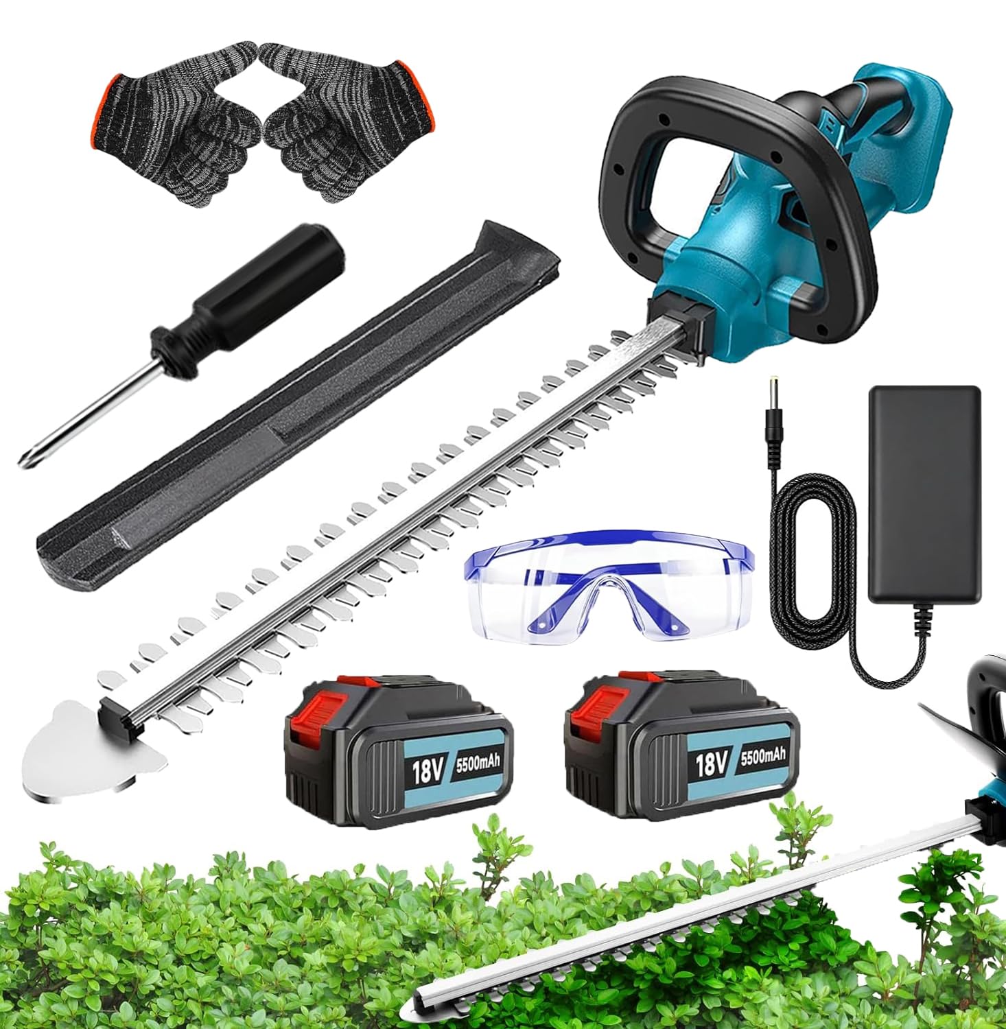 Akku Elektrische Heckenschere,Ersatz für Makita, Bürstenloser Motor,Enthält 2X5.5Ah Akku und Ladegerät Toolkit, mit 51 cm Dual-Action-Klinge & sicherem Design, Gartenschere für die Rasenpflege im