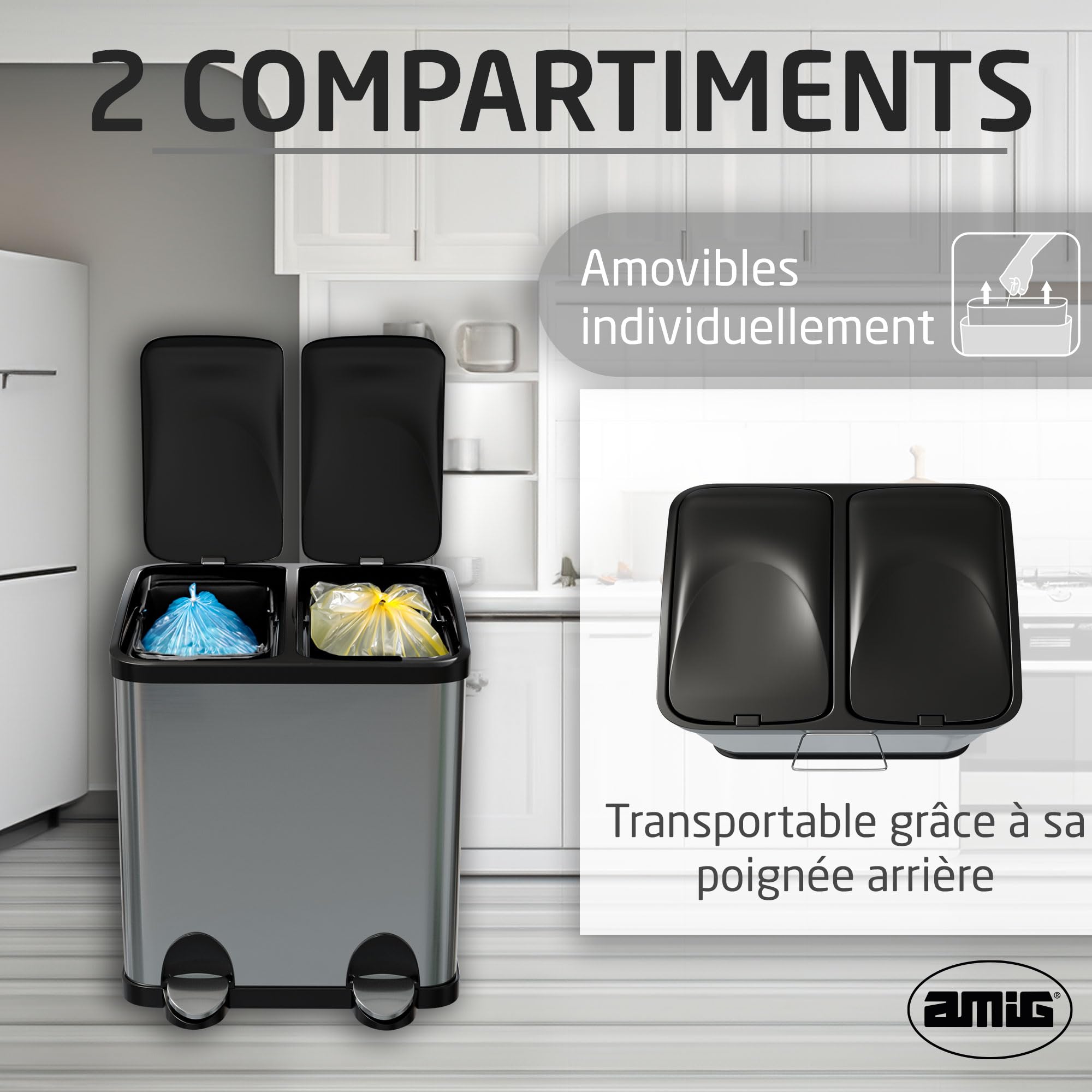 Amig - Poubelle de Recyclage Double avec Pédales Mod. RECIK2 - Poubelle Anti-traces pour Cuisine - Acier Inoxydable - 2 Compartiments x 15 L - 48 x 32 x 40 cm - Argenté