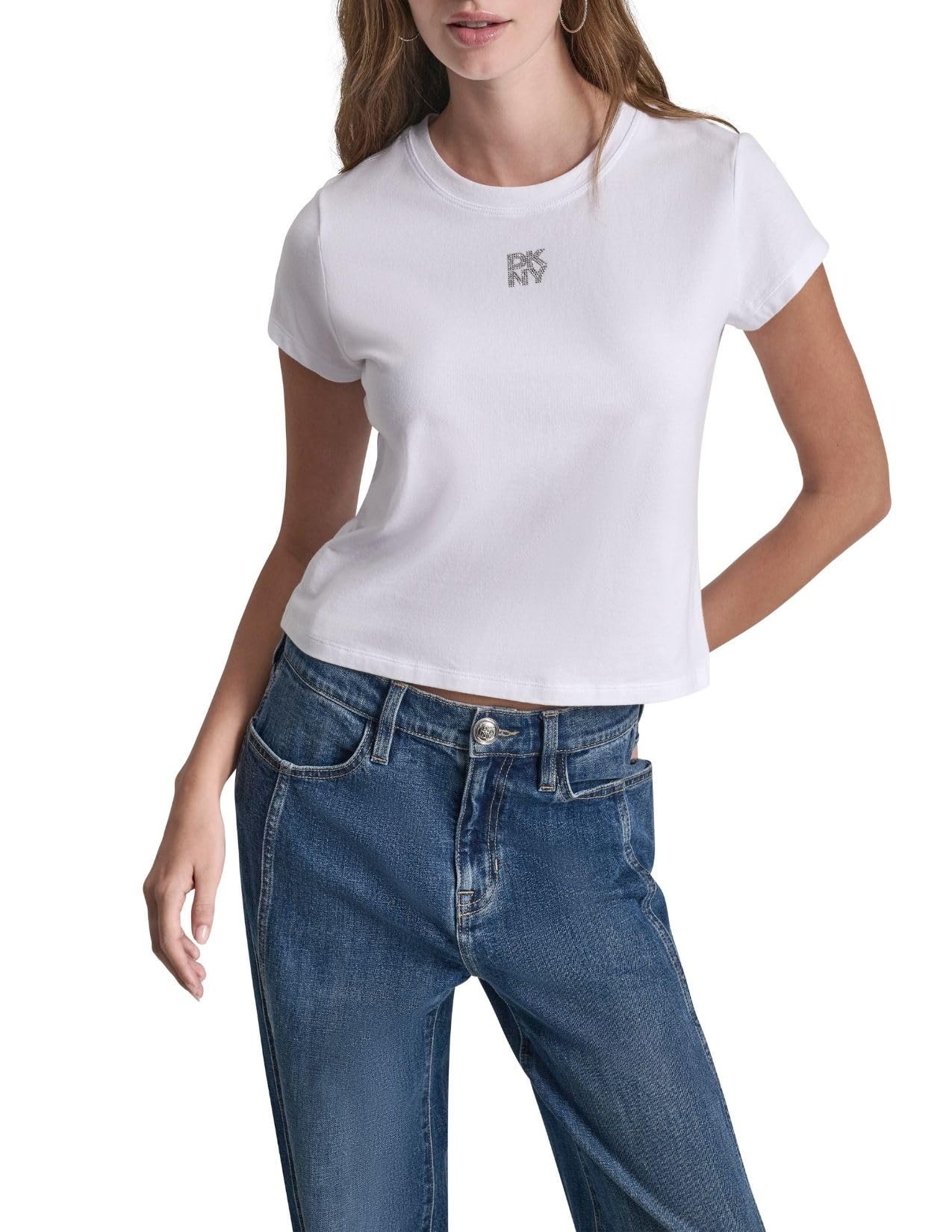 

                                                    DKNY Women's Rhinestone Logo Baby Tee, White/Silve