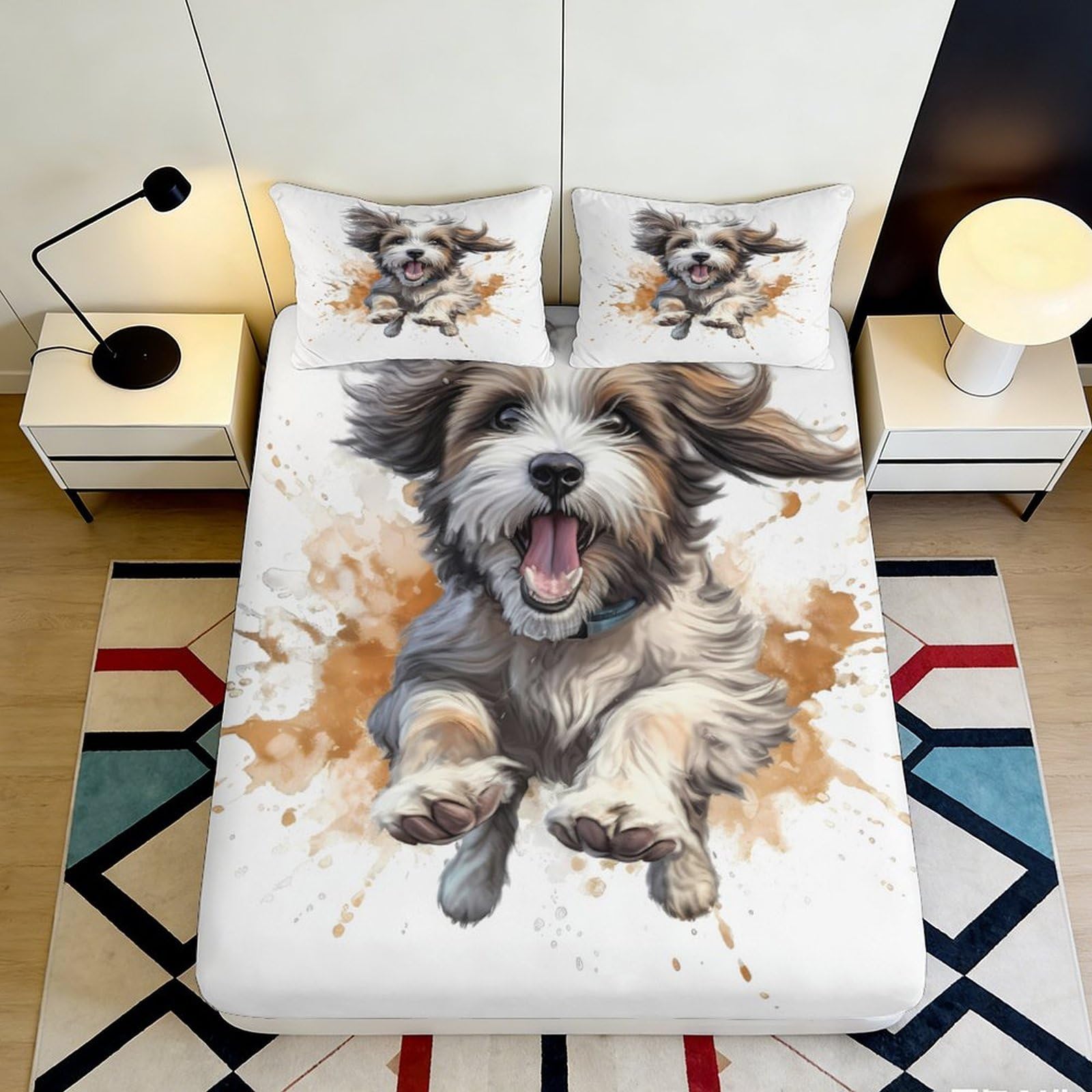 3D Printed Lively Dog Art Fitted Sheet Microfiber Mattress Cover for Bedroom Guest Room Dorm Easy Care 200x200x25cm