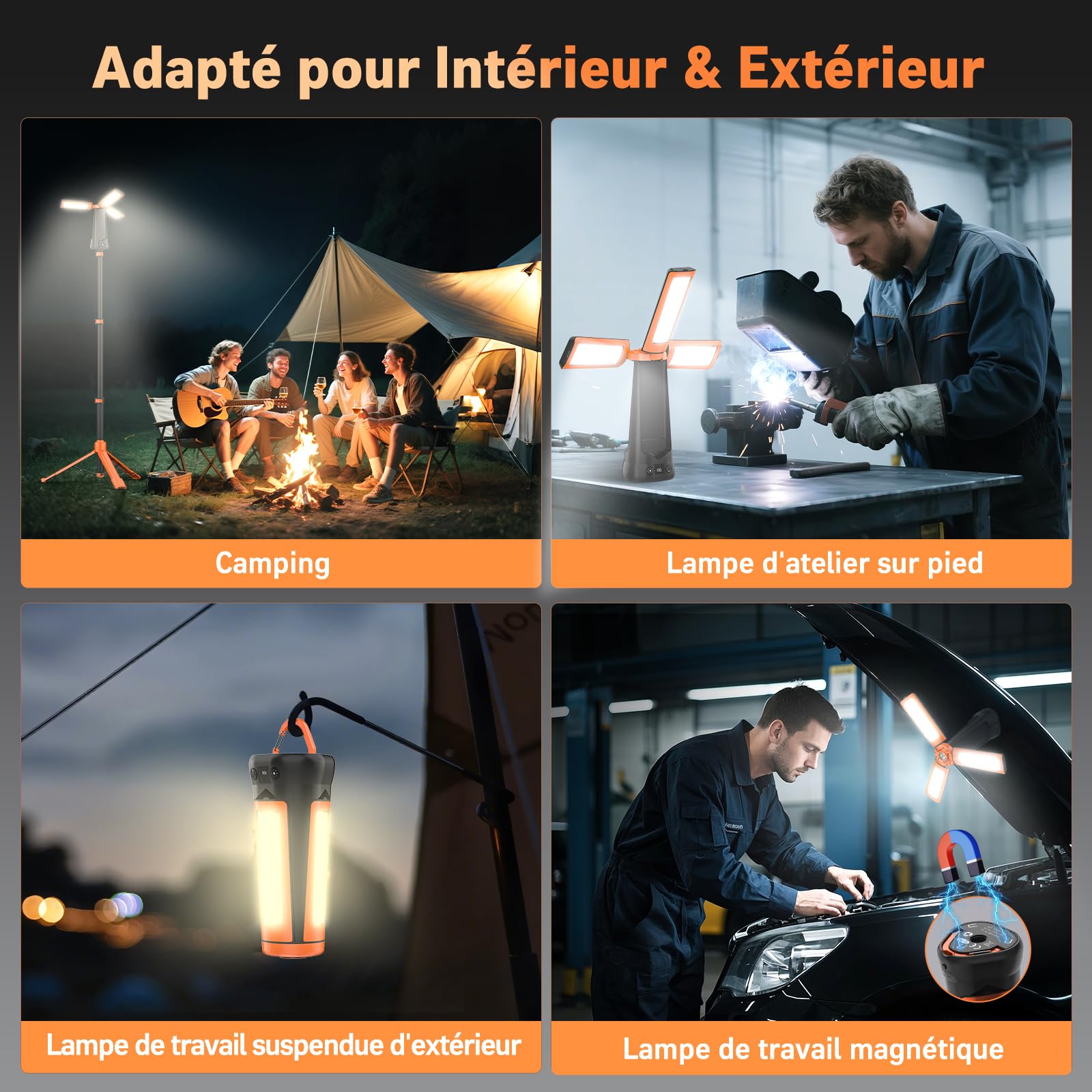 Adewalk 15000mAh Projecteur de Chantier LED Rechargeable avec Trépied, 5500LM Lampe de Camping à 3 Têtes, Étanche IP65, 5 Mode, Lampe de Travail Réglable pour Atelier, Garage, Construction(Orange)