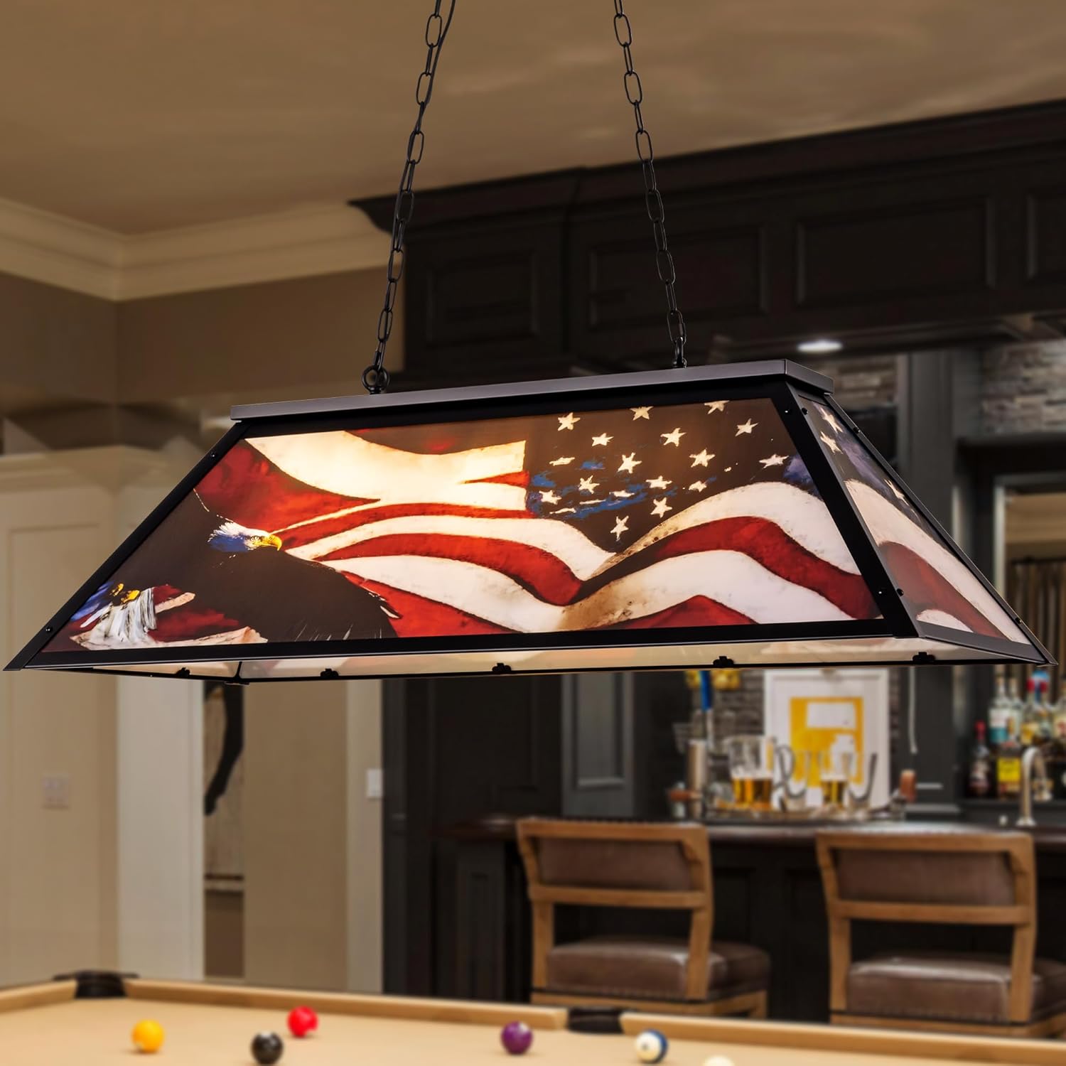 Wellmet Tiffany-Style Pool Table Light 3 Light, 43.3'' Billiards Light No Shadow Lighting with American Flag Shade for Game Room 7' 8' Table, Vintage Chandelier for Bar Kitchen Island Man Cave