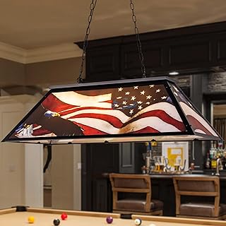 Wellmet Tiffany-Style Pool Table Light 3 Light, 43.3'' Billiards Light No Shadow Lighting with American Flag Shade for Game Room 7' 8' Table, Vintage Chandelier for Bar Kitchen Island Man Cave
