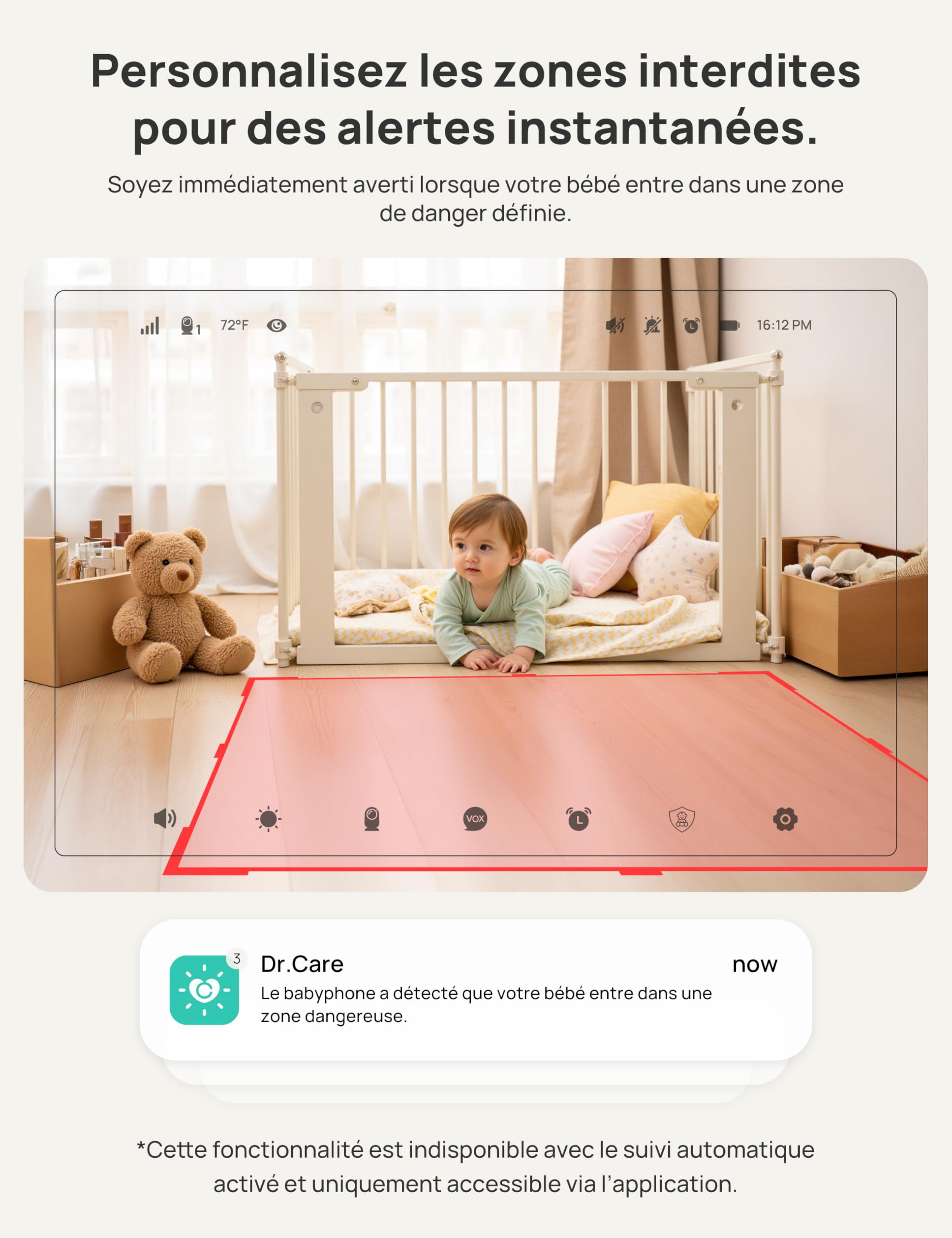 Dr.Care VistaView 5” Moniteur Bébé WiFi avec Support Clip - Caméra 2K HD, Contrôle Via Application, Alertes de Pleurs et Mouvement, Vision Nocturne, Batterie 5000mAh, Sécurité Triple