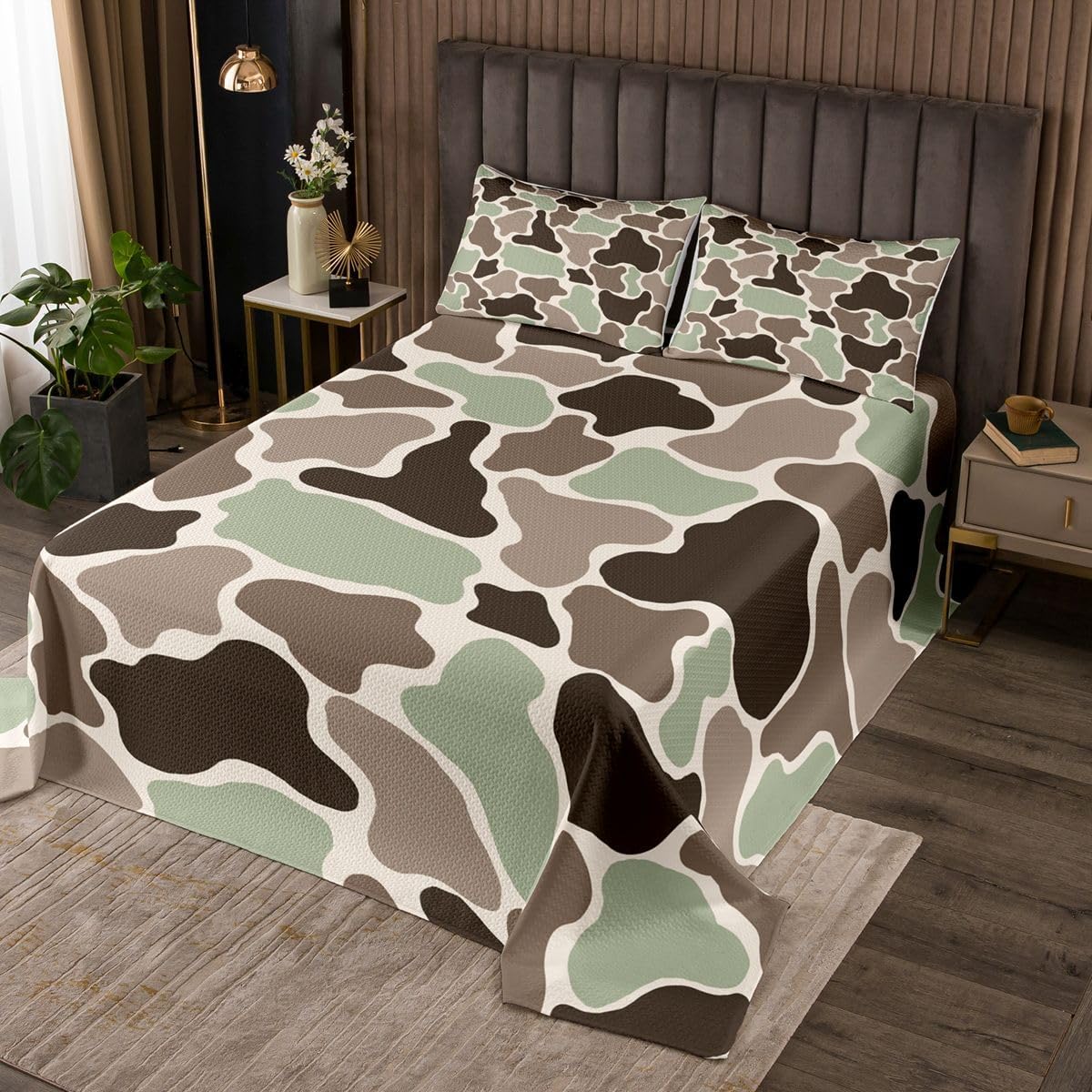 Feelyou Green Camo Bedspread Twin Size Army Hunting Coverlet Set Camouflage Quilted Coverlet for All Season with 1 Pillowcase Military Style Microfiber Lightweight
