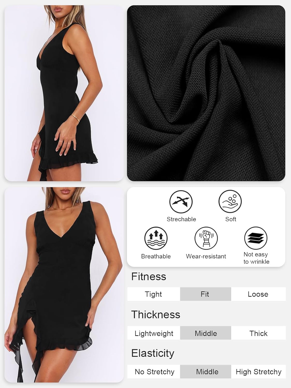Women Sleeveless Sexy V Neck Bodycon Mini Dress Summer Side Slit Mesh Irregular Ruffle Hem Backless Short Dress - Image 4