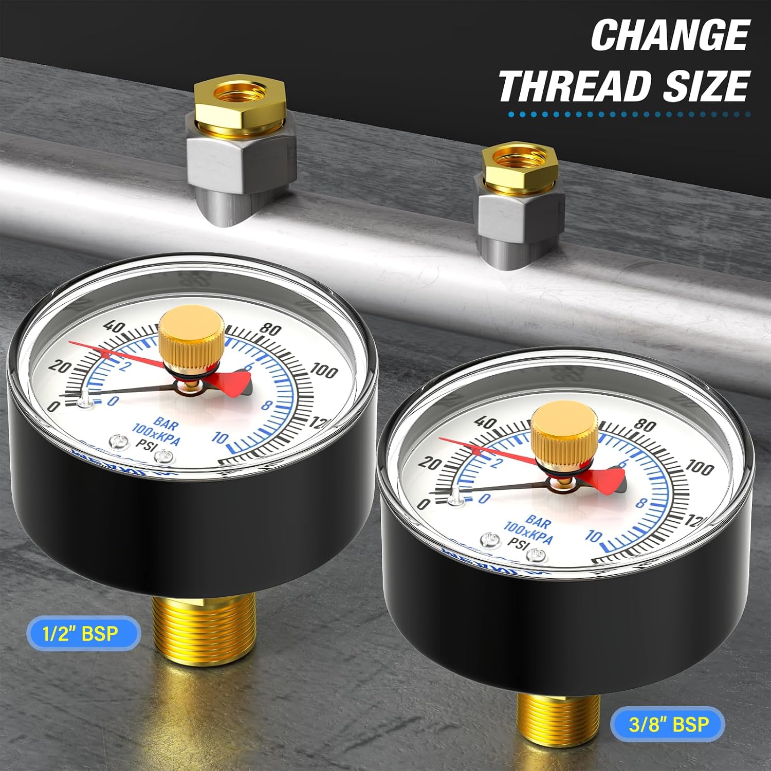MEANLIN MEASURE 0 10 Bar 0 150Psi 2 DIAL FACE 1 4 BSP manometr pompy studni z adapterem BSP 1 2 i 3 8 BSP dokładność 3-2-3 z czerwonym wskaźnikiem centralny tylny uchwyt