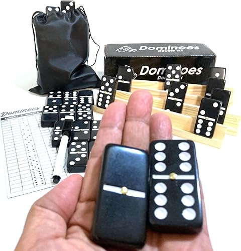 Miniatura 3 de Double Six Dominoes - Juego completo de tamaño grande viene con almohadilla de puntuación y bolígrafo, 4 estantes de dominó de madera y bolsa de
