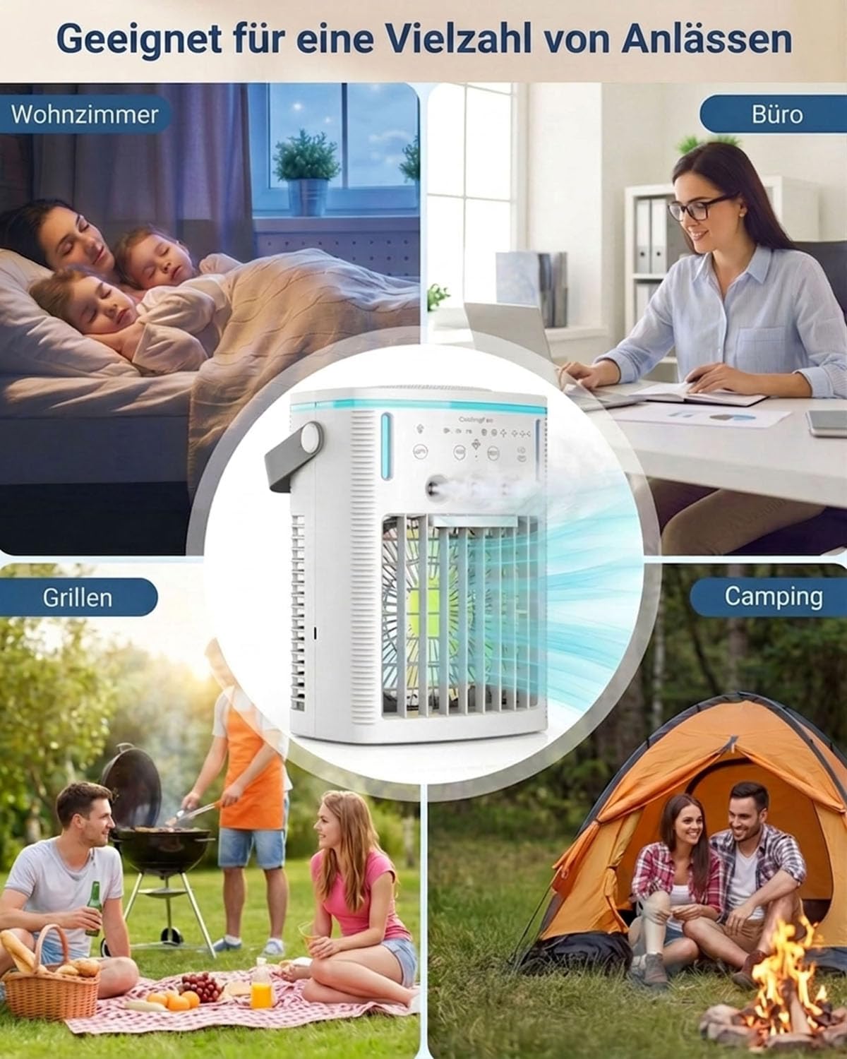 Mobile Klimaanlage, 4-in-1 Mini Klimagerät mit 1000ml Wassertank, 3-in-1 Nebel & 3 Windstufen, Touch & Fernbedienung, 2/4/8h Timer, 7 Farben Nachtlicht, Typ-C, Ideal für Zuhause, Büro, Camping, Auto