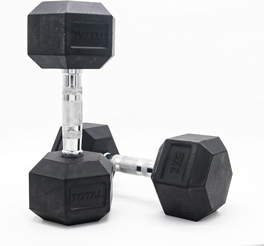 TOTAL Hexagonal Dumbbells Set | 2kg Pair Rubber-Coated Fitness Equipment Weights for Home &amp; Gym | Durable Non-Slip Grip Du...
