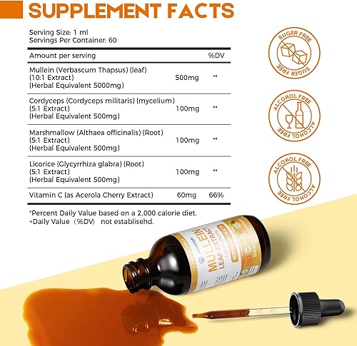 Miniatura 2 de Gotas de gordolobo para limpieza de pulmones Cordyceps, raíz de malvavisco y extracto de raíz de regaliz, suplemento herbario respiratorio con