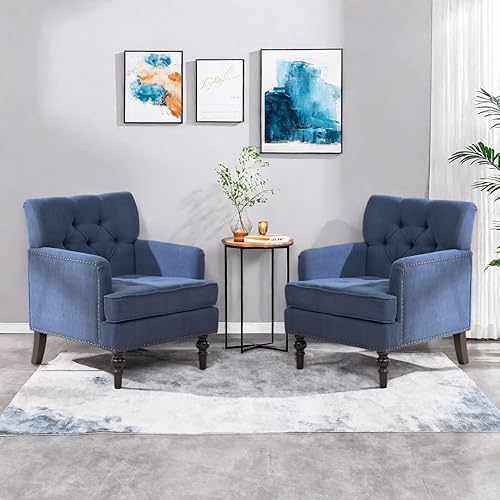 Miniatura 10 de Juego de 2 sillas de club copetudas, silla decorativa tapizada con botones con almohada lumbar, sillas de tela de lino para dormitorio, sala de