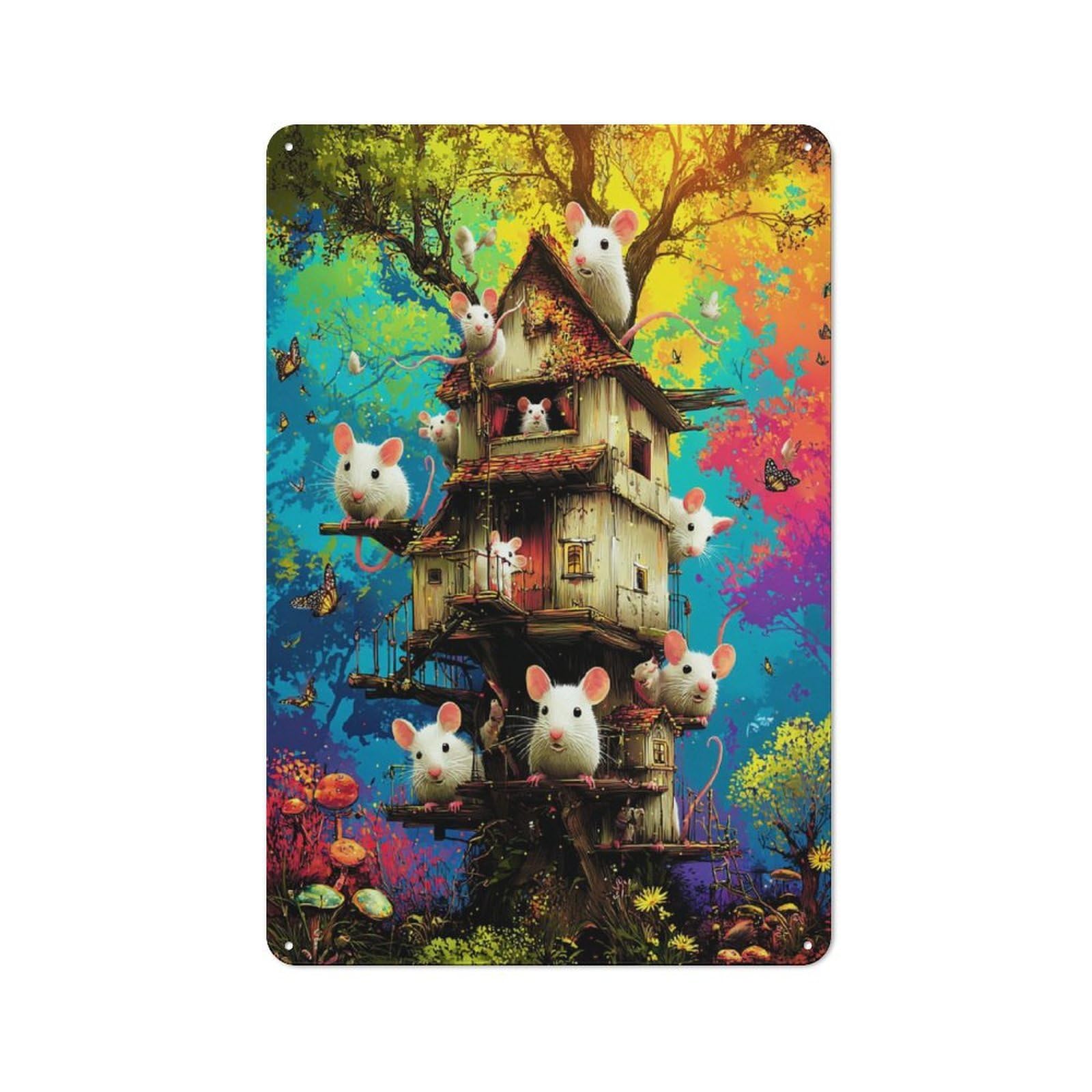 Whimsical Treehouse Mice Fantasy Farmhouse Metal Sign 30x20cm, Barn Style Rustic Kitchen Decor for Cottage, Kitchen, Hallway Or Breakfast Nook