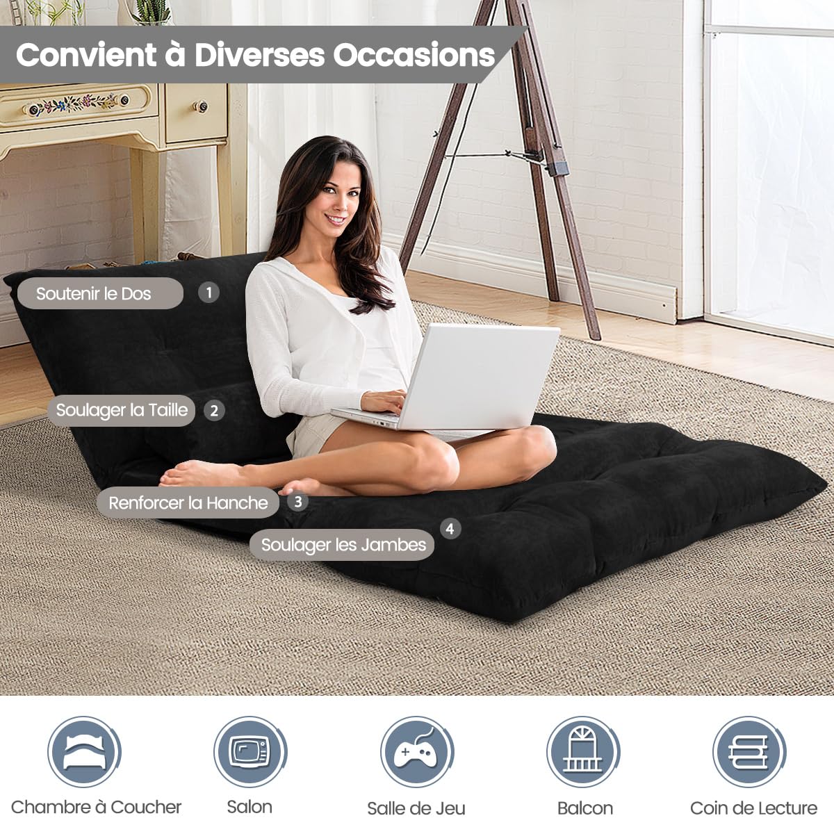 COSTWAY Canapé-Lit Paresseux Pliable 3 En 1 - Convertible Velours Avec Dossier 6 Positions Et Oreillers, Gris Foncé