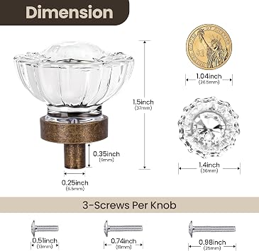 4 Pack Antique Brass Cabinet knobs, Round Glass Cabinet Knobs and Pulls