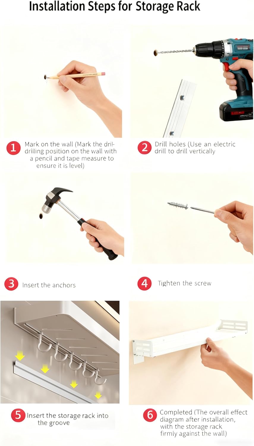 SEIDO Space-Saving Kitchen Utensil Holder | No-Drill Shelf Organizer | Wall Mount Spice Rack with Hooks & Bar for Bathroom | Space Aluminum | 24 Inch Long | White