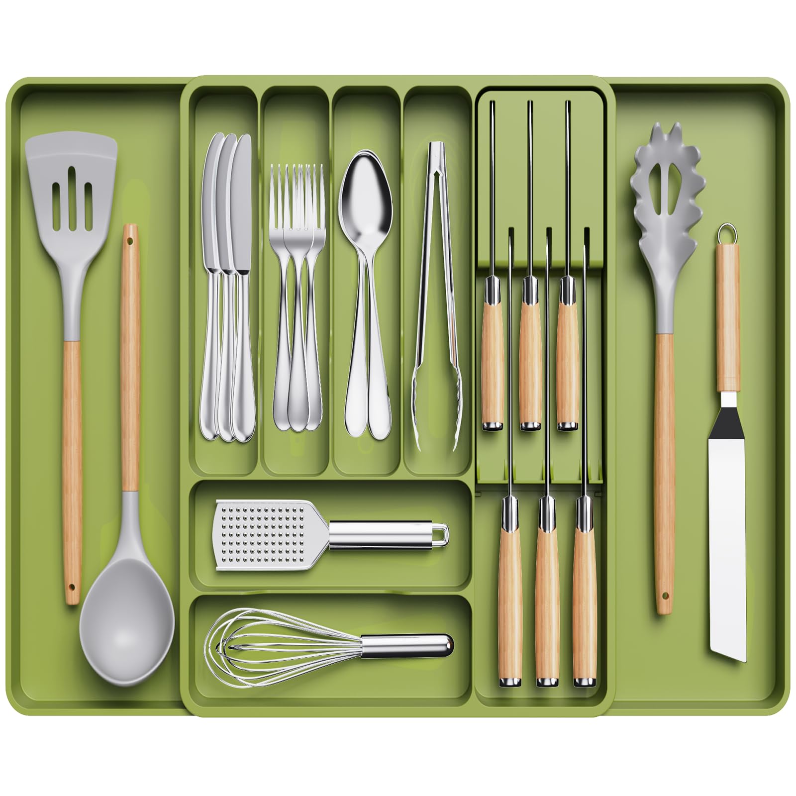 Lifewit Silverware Organizer for Kitchen Drawer, Expandable Utensil Tray with Removable Knife, Adjustable Cutlery Flatware Holder, Plastic Spoon Forks Holder Storage Divider, Large, GreenRecycled Claim Standard 100