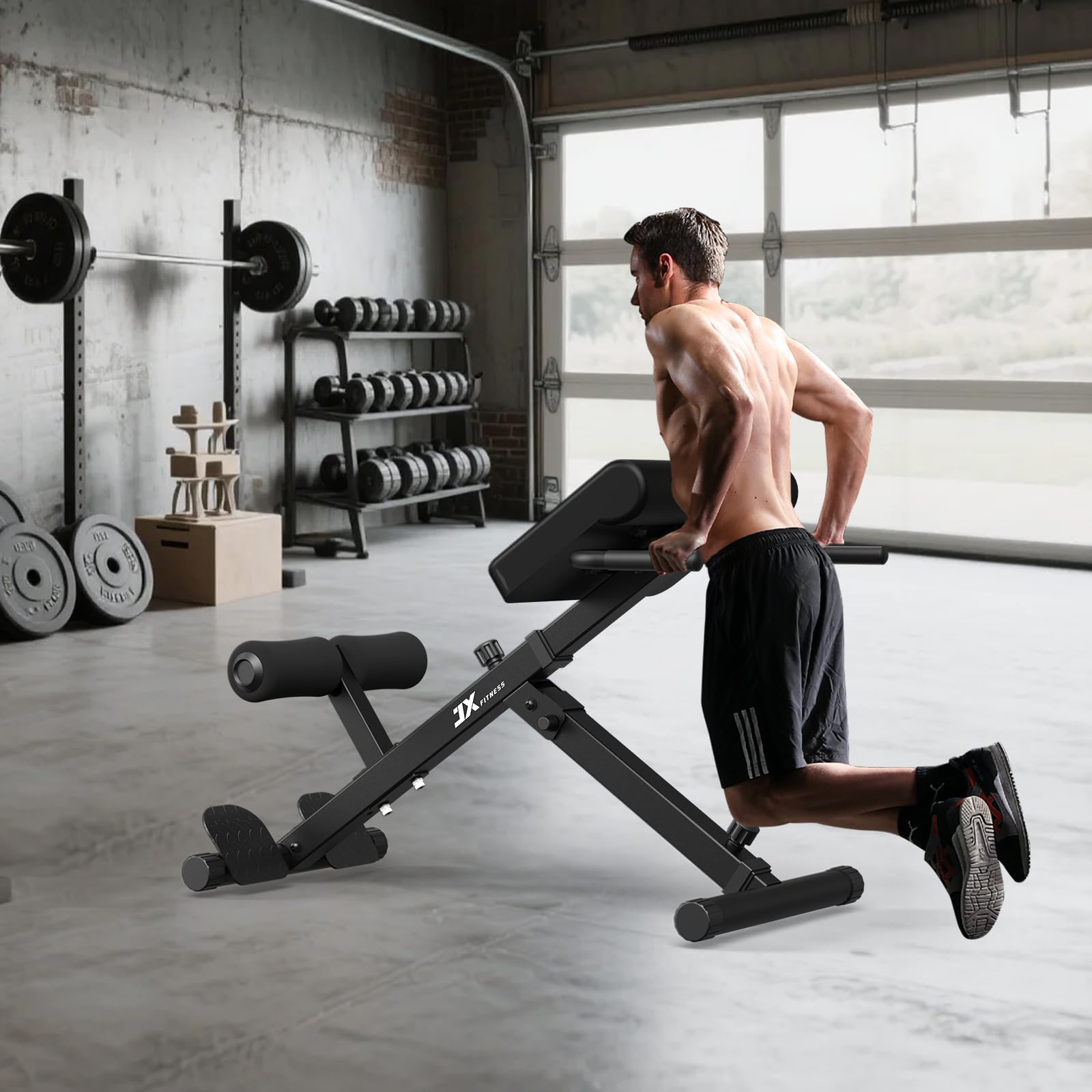 JX FITNESS Hyperextension - Panca regolabile per allenamento della schiena e degli addominali, pieghevole, colore: Nero