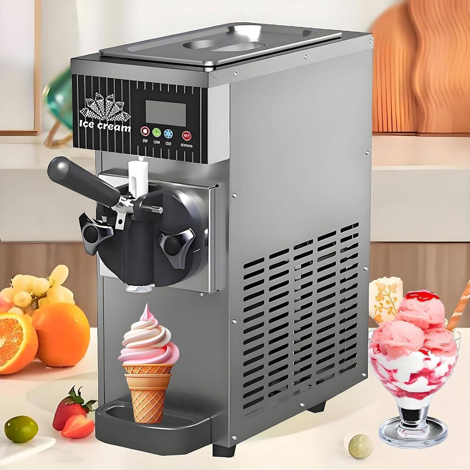 Sorbetière Professionnelle 450 W à Parfum Unique avec Affichage LED, Machine à Glace à l'italienne, autonettoyante, Machine à Glace de Table. Grey