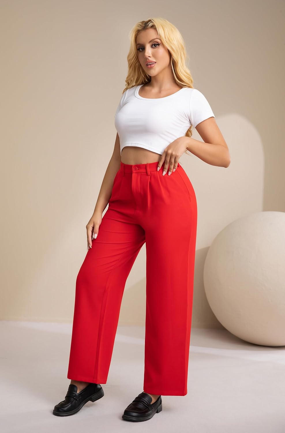 Tronjori Women High Waist Casual Straight Leg Dress Pants Office Work Trousers Suit Pants Back Elastic Waistband - Image 5