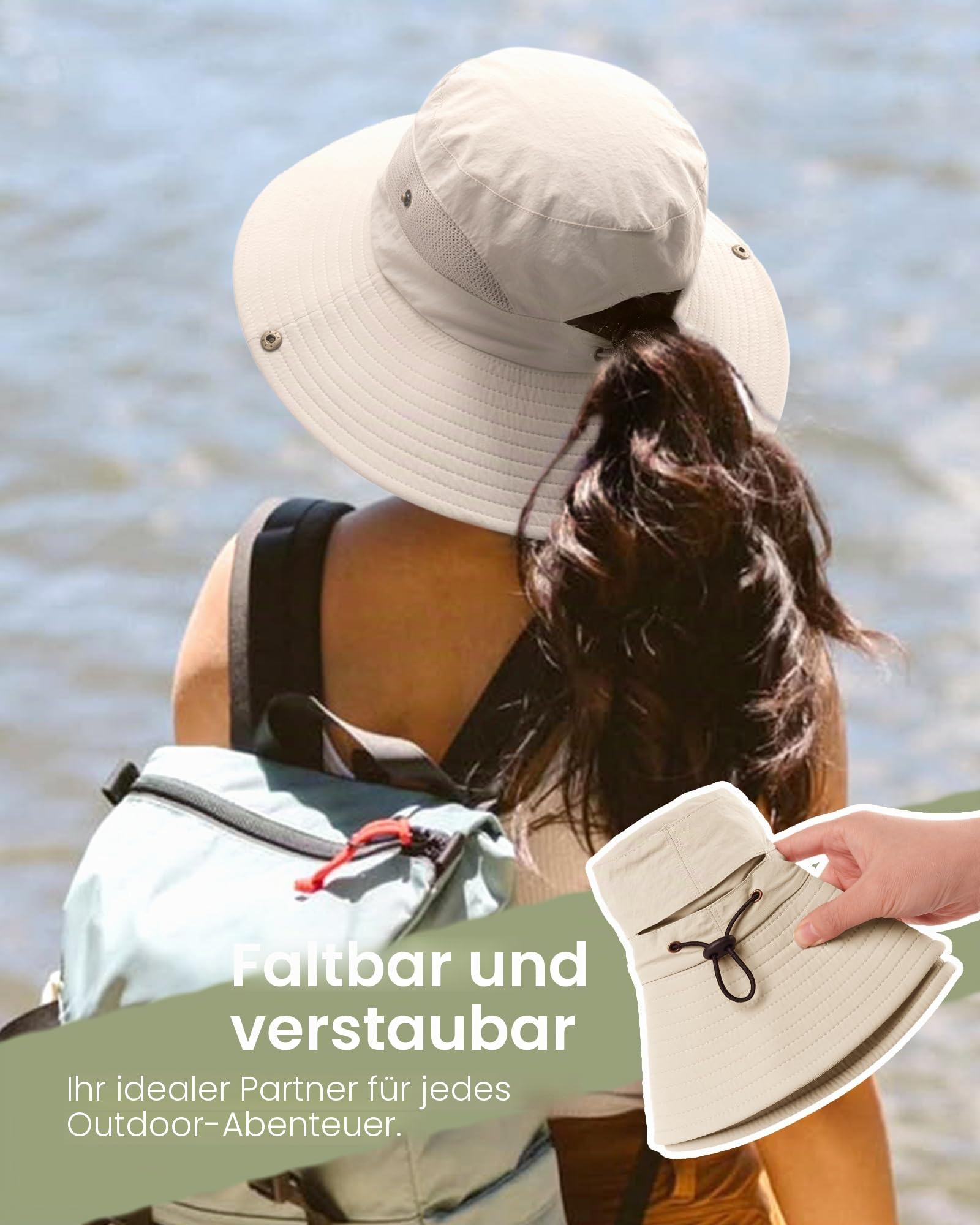 FURTALK Damen Sonnenhut mit Zopföffnung breiter Rand UPF 80 Faltbarer Outdoor Wander und Strandhut