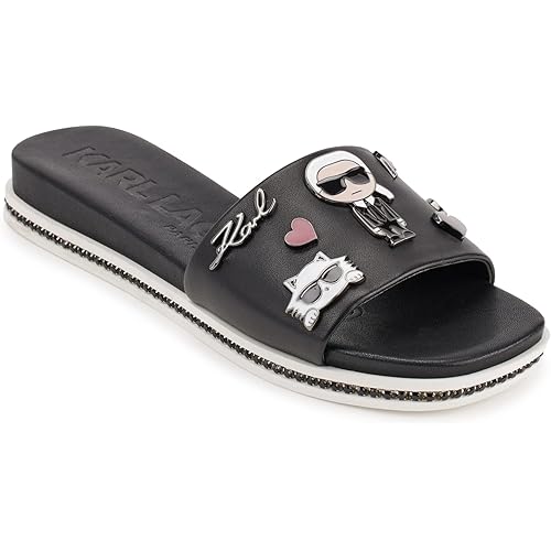 KARL LAGERFELD Women's Jeslyn Effortlessly Fashionable Slide-on Shoes with Bold Klp Pins Flat Sandal