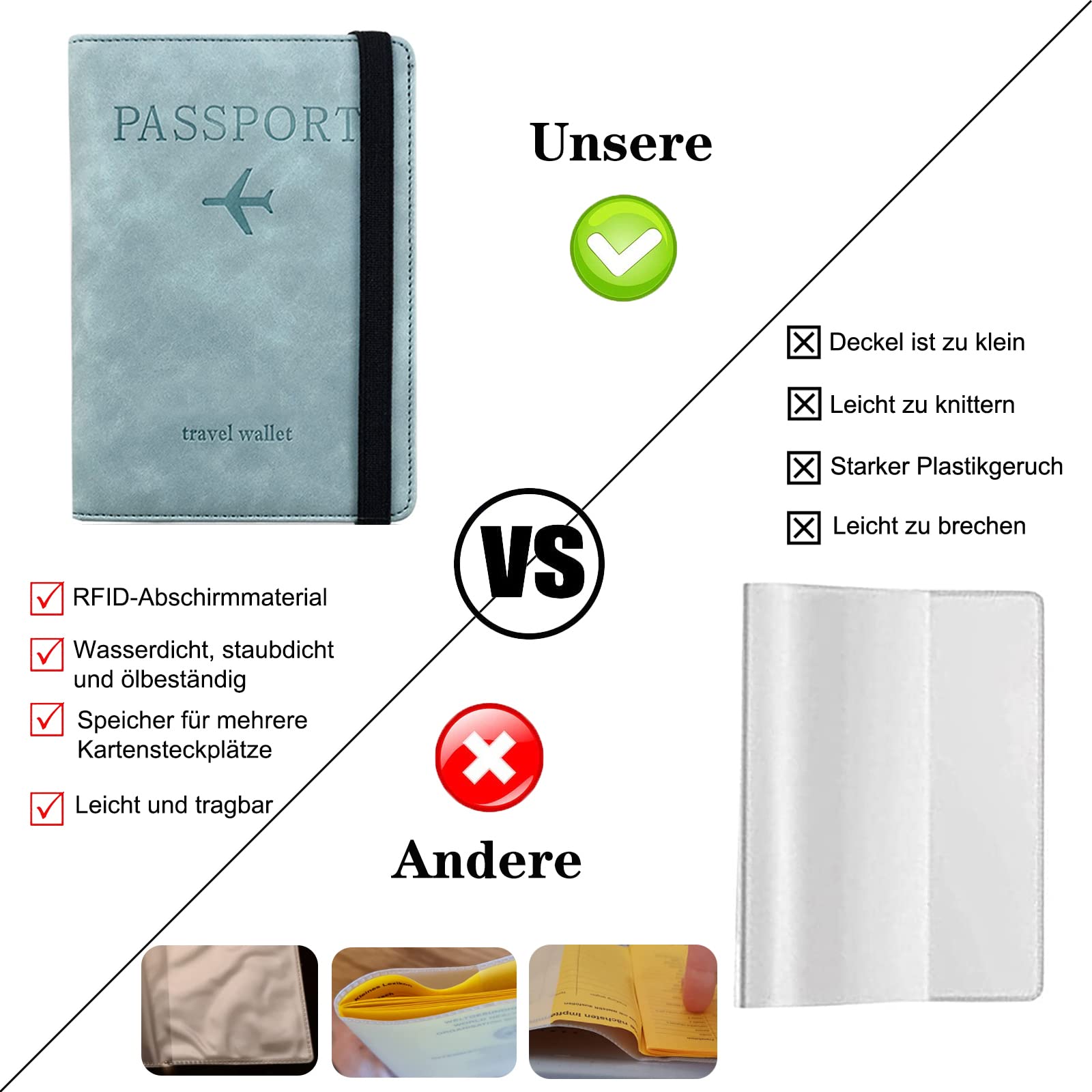 Toctax Protege Passeport avec étiquette de Bagage, Pochette Passeport avec Etui Anti RFID, Porte Passeport en Cuir PU pour Hommes et Femmes Accessoires de Voyage（Bleu Clair）