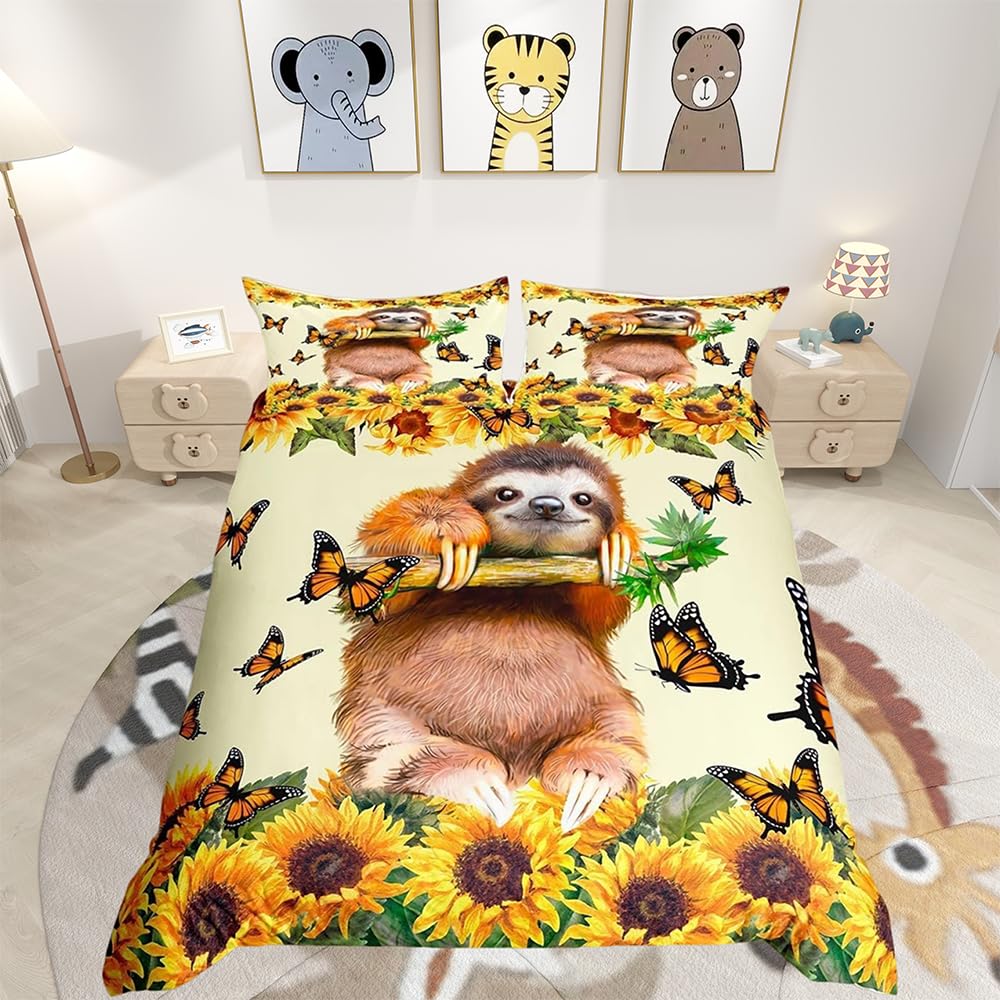Loussiesd Sloth Bedding Double Kids Animal Bedding Boys Funny Qulit Cover Sloth Sunflower Motif Girls Yellow Butterfly Floral Print Duvet Cover Teen Bedroom Decor — image 1