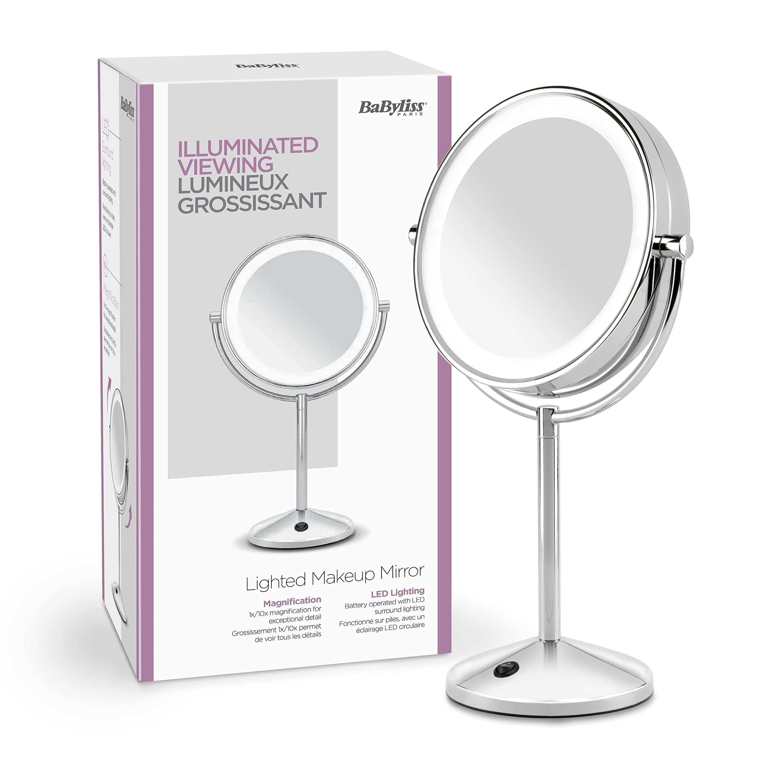 BaByliss 9436E | Espejo de Maquillaje, Doble Cara, Aumento x1 y x10, Iluminación LED; Funcionamiento con Pilas, Cromado