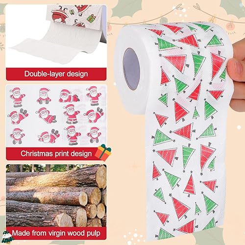 Vista 6 de COHEALI 5 rollos de papel higiénico con texto en inglés "Merry Christmas" con diseño de Papá Noel, toallas de papel desechables con diseño temático
