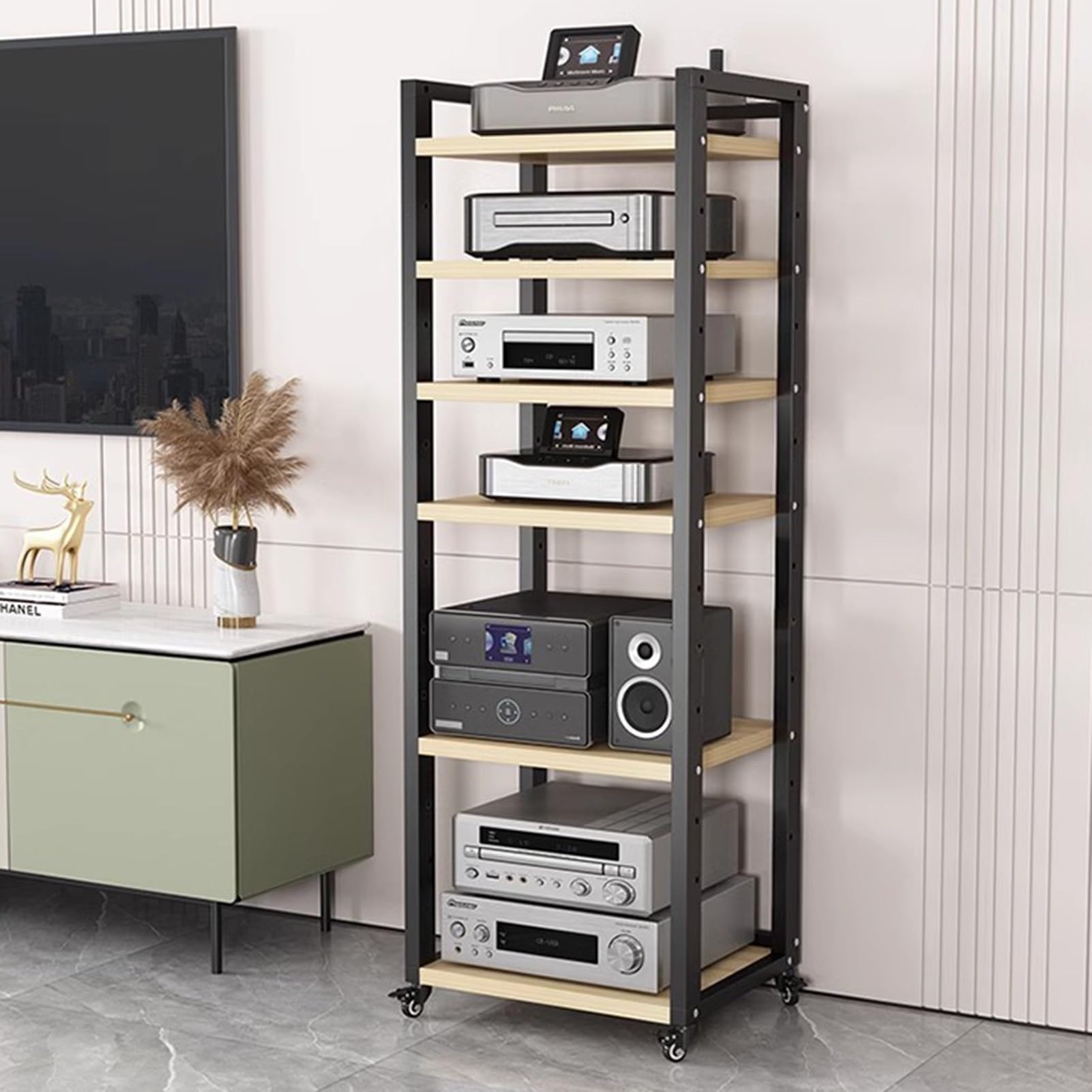 ROHCGHC Audio Rack Tower, AV Media Stereo Rack with Wheels, Adjustable Height Corner Video Component DVD Storage Shelf Tower
