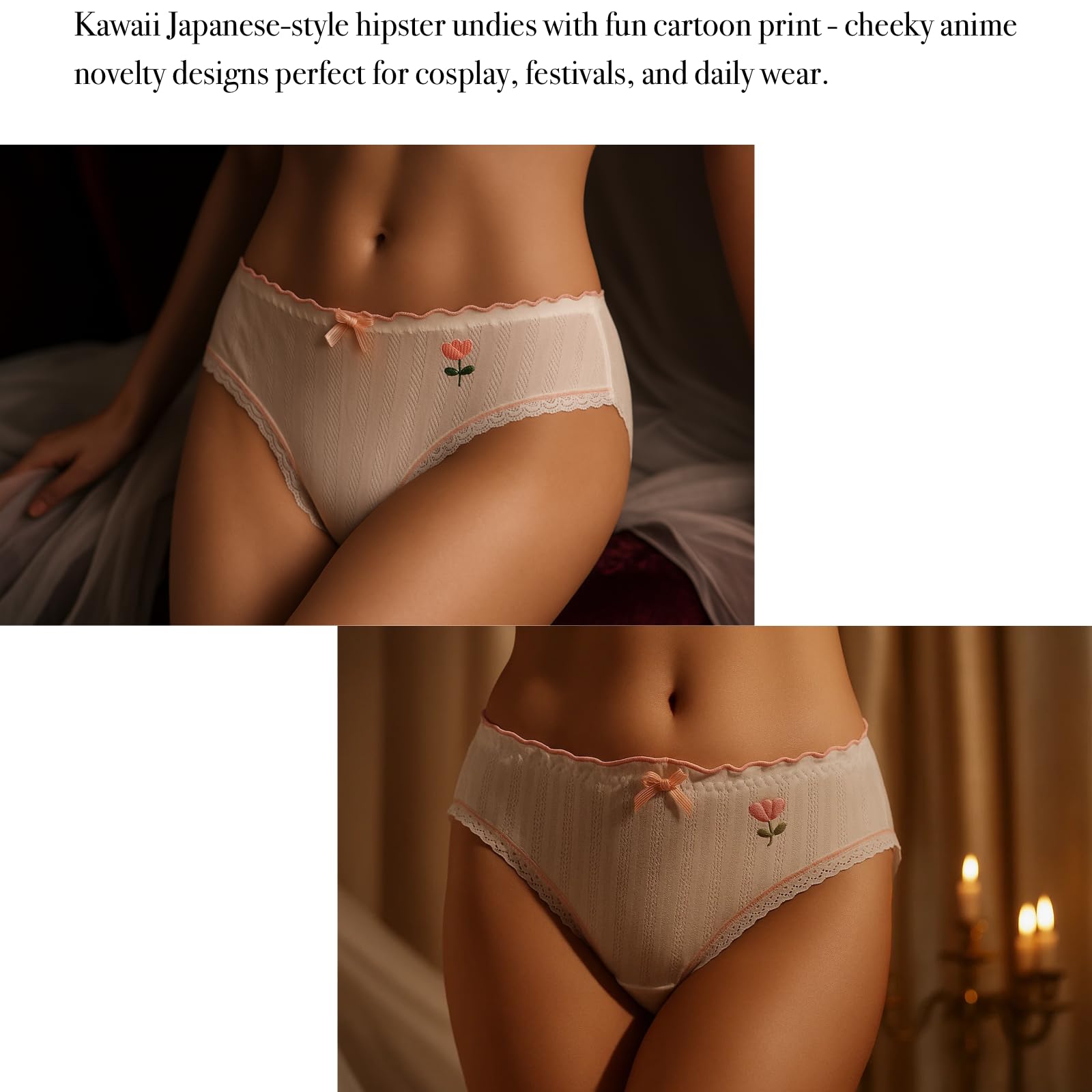 Women’s Underwear Cotton Panties Lace Ruffled Tulip Print Floral Flower Bow Knot Cute Kawaii Japanese Underwear 7 Pack: Medium White Pink Green