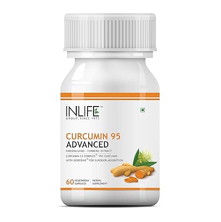 INLIFE Curcumin C3 Complex (95% Curcuminoids) 500 mg Turmeric with BioPerine (Piperine) Extract Supplement 5 mg - 60 Vegetarian Capsules (Pack of 1, 60)
