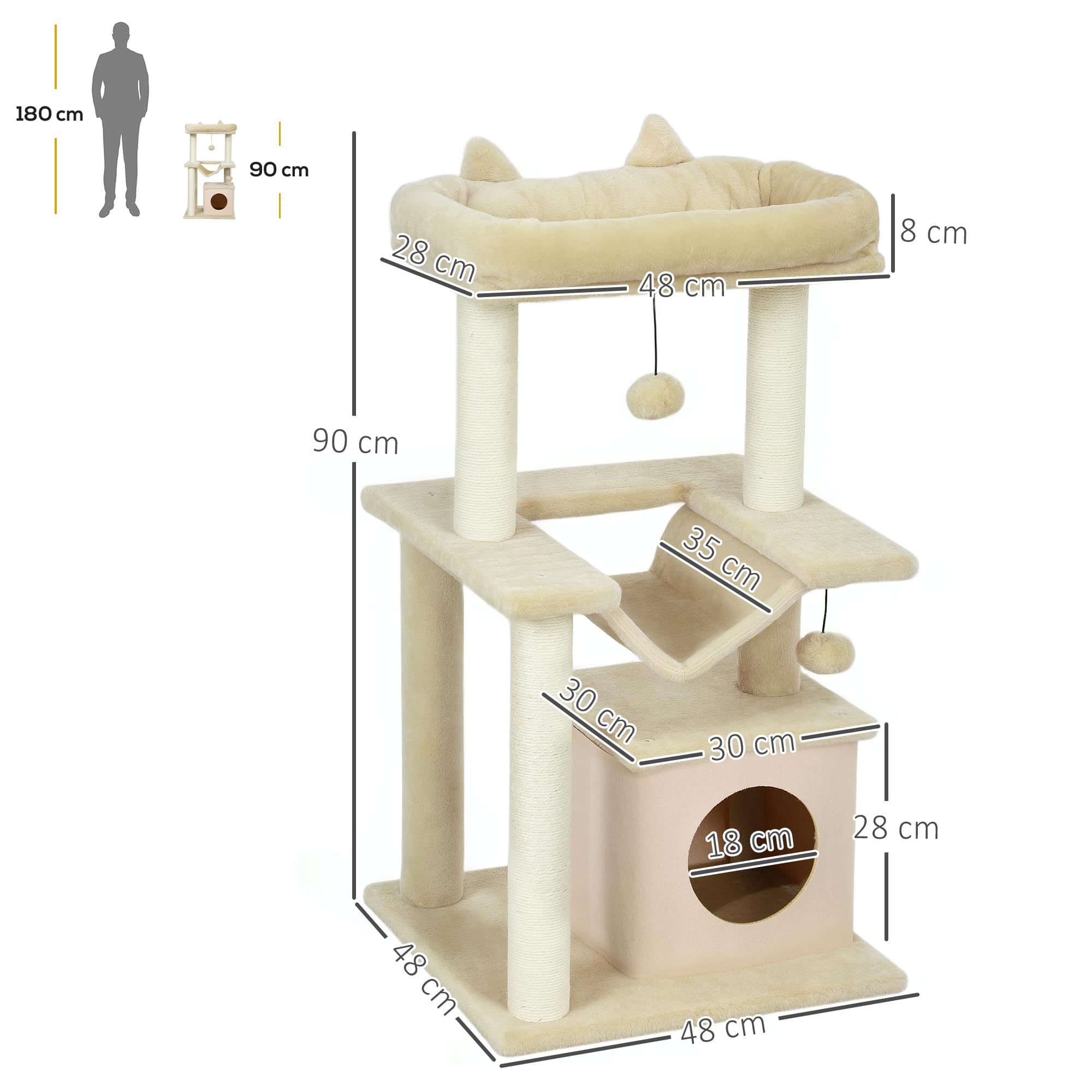 PawHut Drapak 90 cm z hamakiem dla kotów poniżej 4 kg kremowo-biały | Wieża dla kota, jaskinia, 2 pluszowe bale, pnie sizalowe, platformy, wielopoziomowy drapak dla kota, drzewko wspinaczkowe