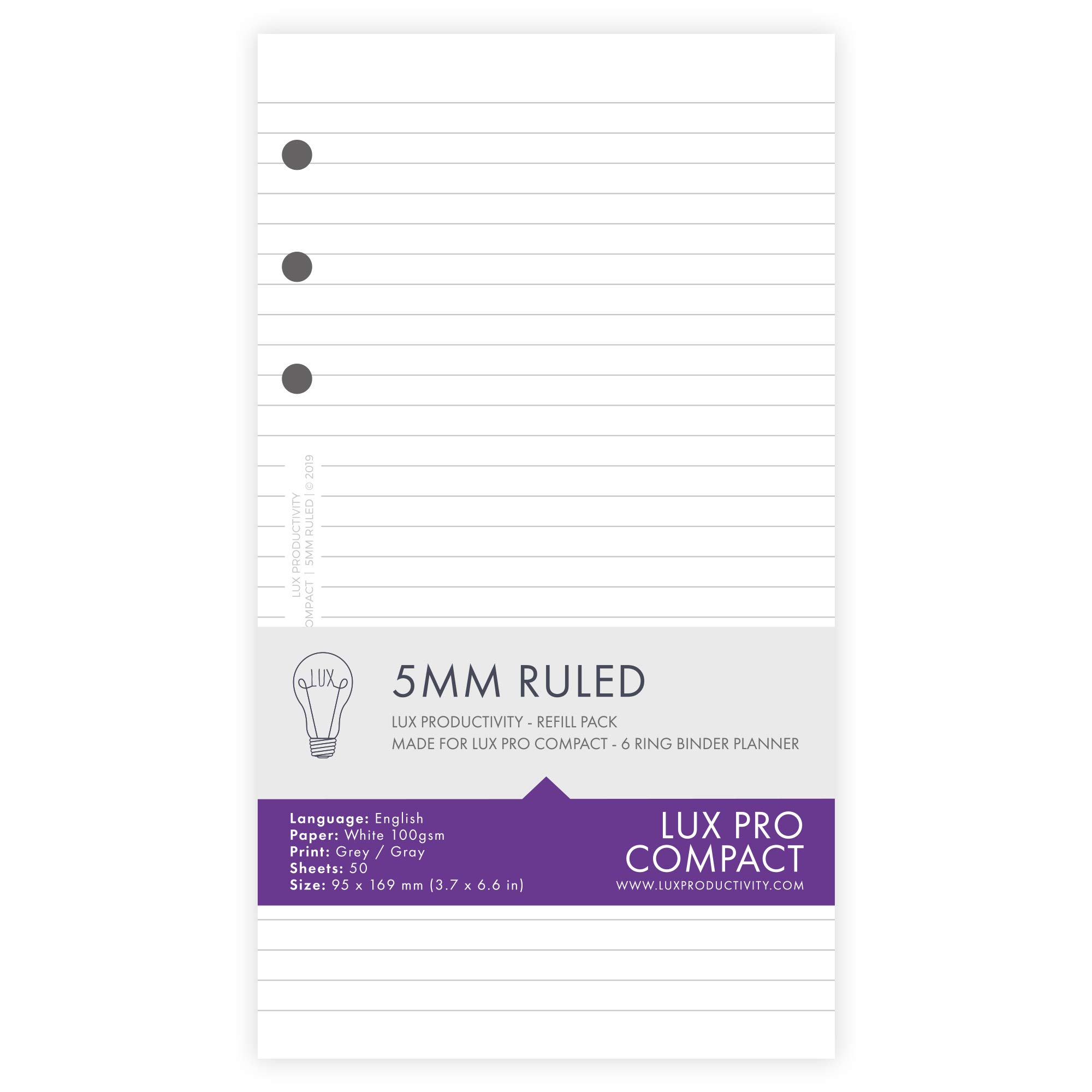 LUX COMPACT: 5mm Ruled – LUX Productivity Refill Pack - Planner Page Inserts - Compatible with the LUX COMPACT 6-Ring Binder Organizer