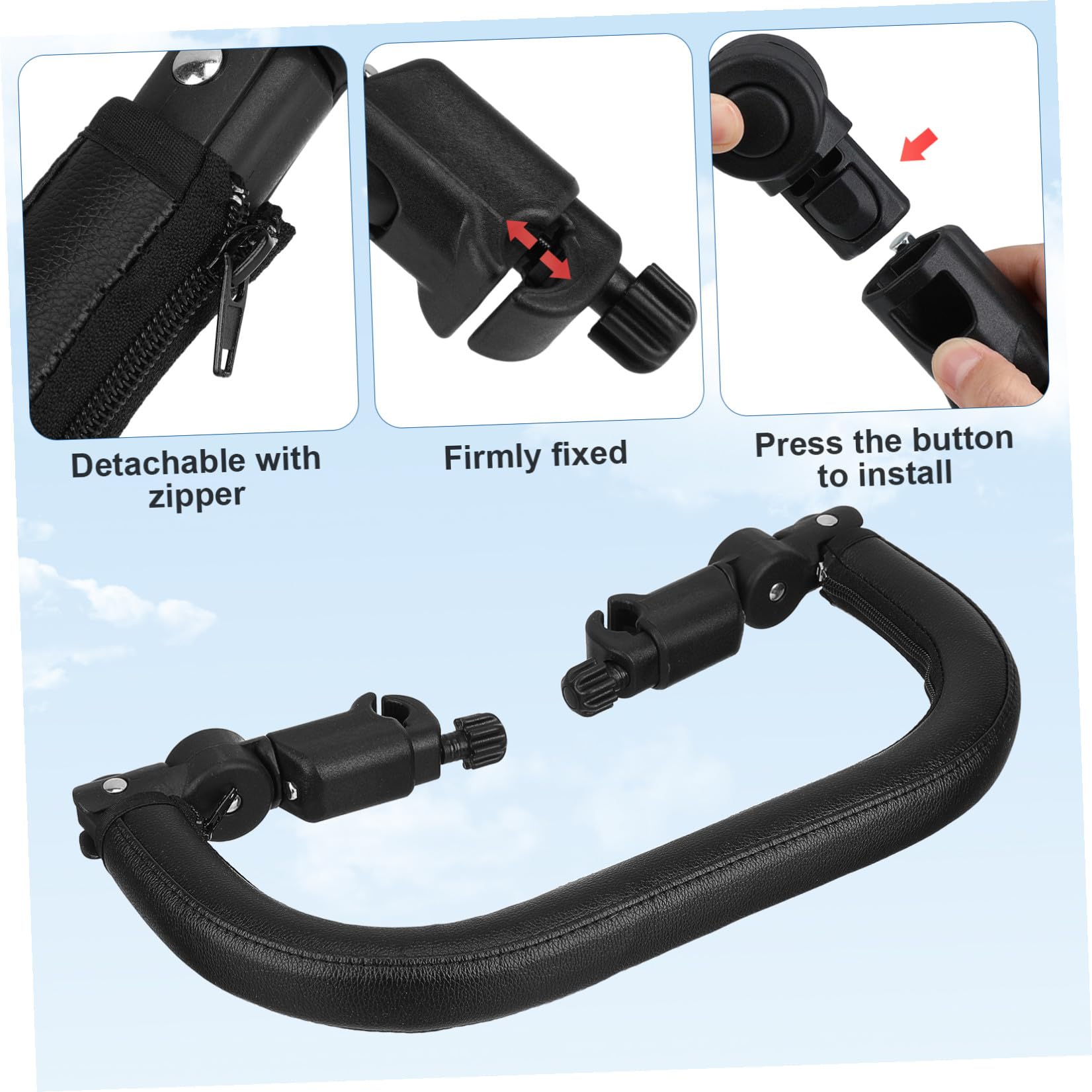 Barra Paraurti Passeggino in Pelle Pu e Ferro Nera 3cm | Struttura a Tre Strati Schiuma, Staccabile e Regolabile Zip, per Tubo 1, 18in