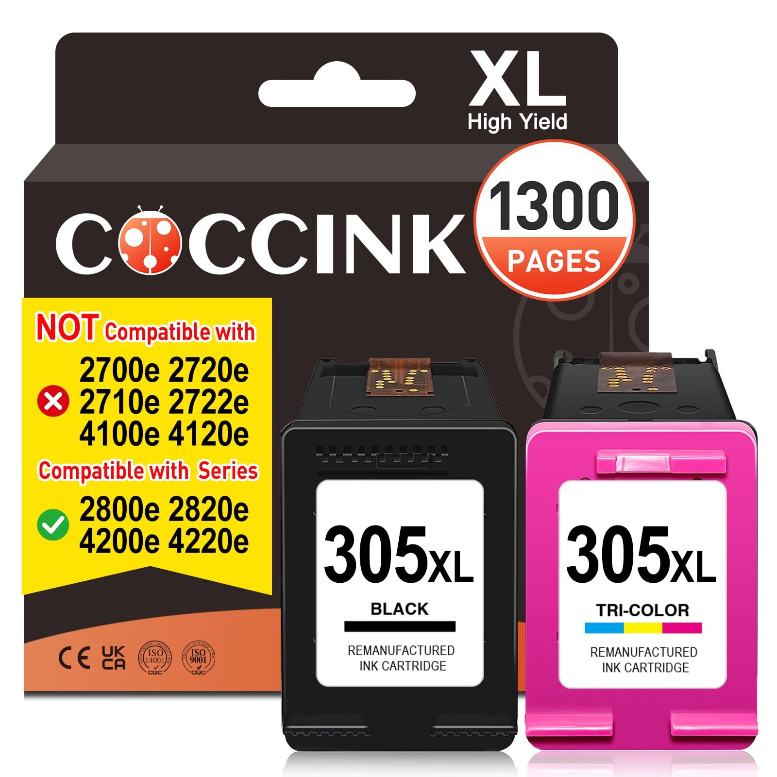 COCCINK 305XL Ink for HP 305 XL DeskJet 2820e DeskJet 2800e 2800 4220e 2810e 2821e 2822e 2823e 4200e 4200 4222e 4230e 2820 4220 Cartridges for HP 305 XL Ink Printer for HP 305 XL Black and Colour