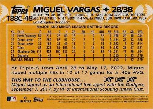 Miniatura 2 de 2023 Topps 1988 Silver Chrome Baseball #T88C-48 Miguel Vargas Rookie Card