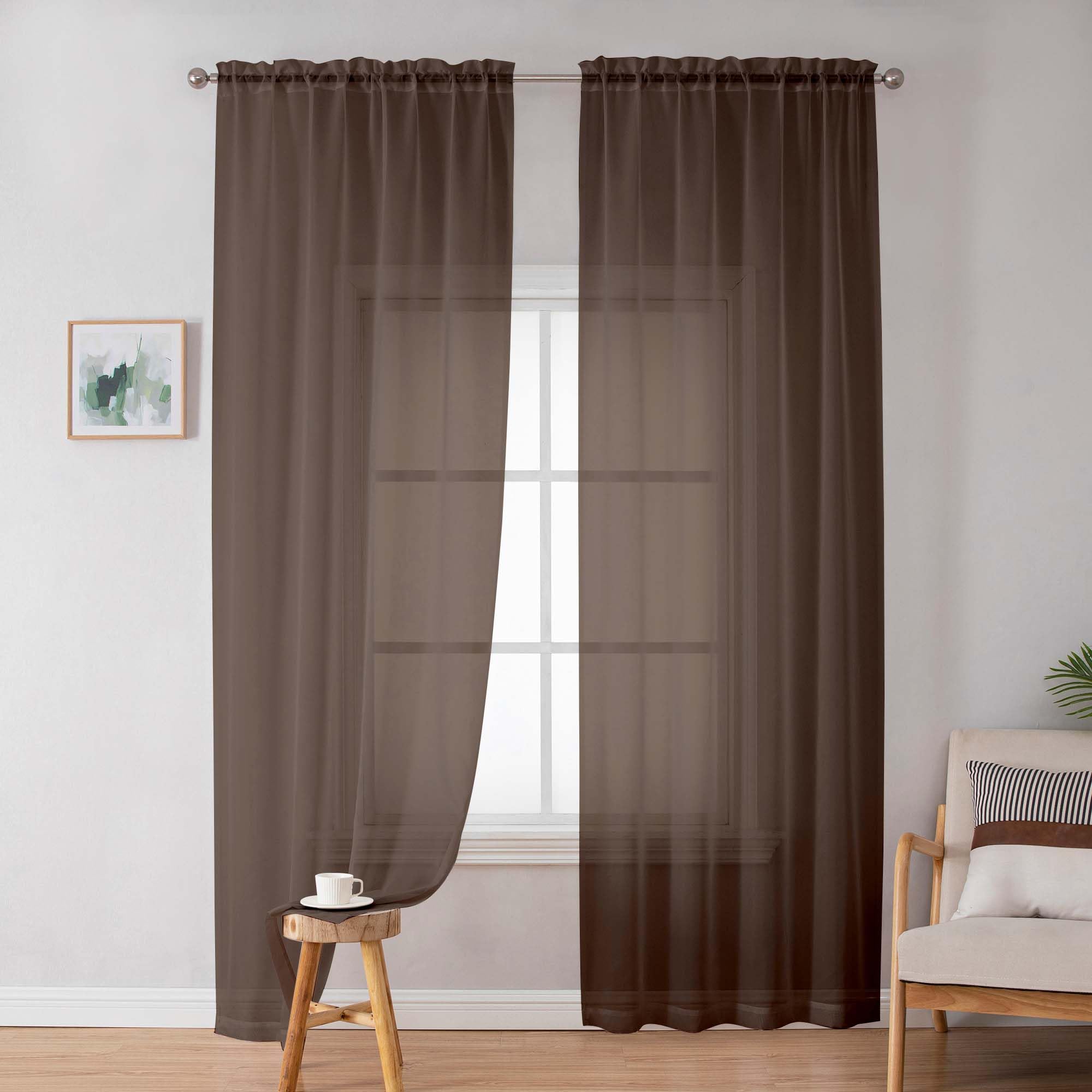 Sheer Curtains 72 Inches Long 2 Panels Set, Light Filtering Sheer Curtain Rod Pocket Clear Drapes for Living Room Bedroom Window Sliding Door, Each 42 x 72 Inch, Chocolate